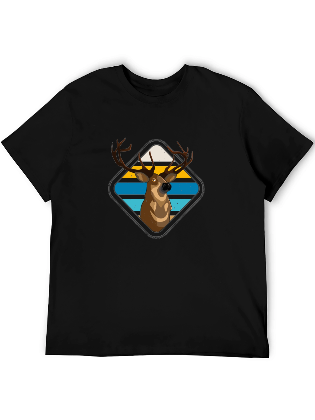 Deer Graphic Tee - Retro Striped Diamond Design