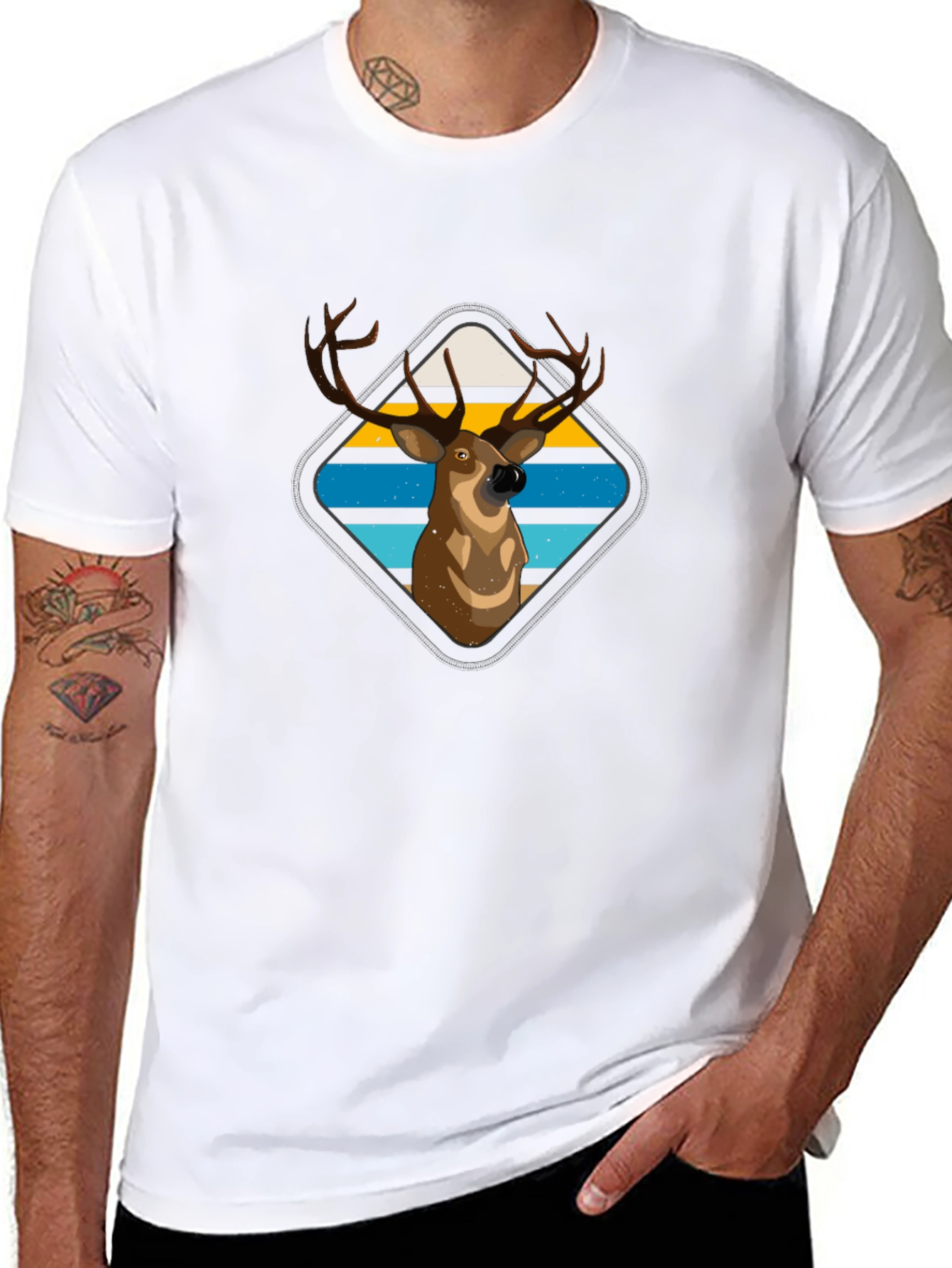 Deer Graphic Tee - Retro Striped Diamond Design