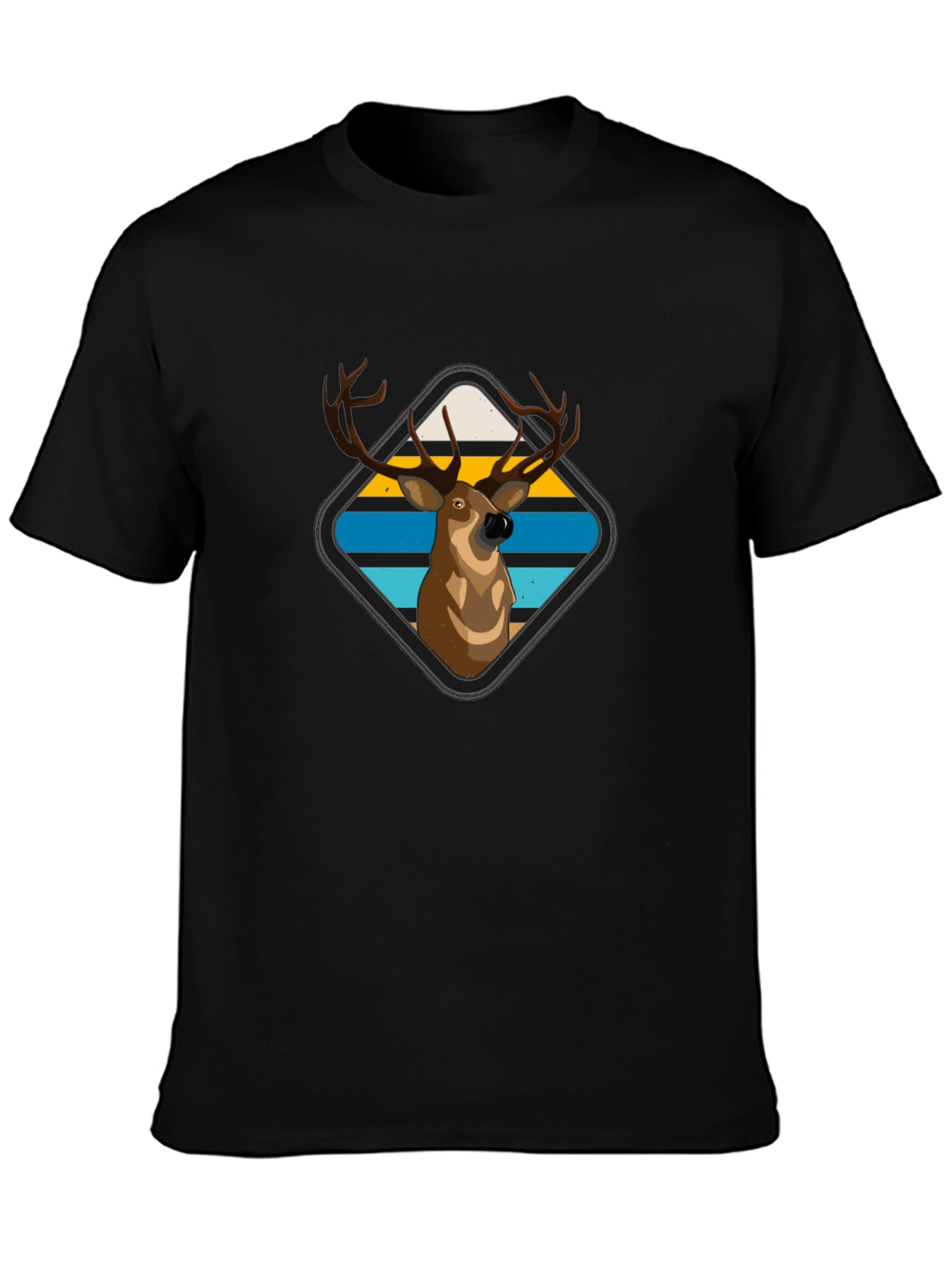 Deer Graphic Tee - Retro Striped Diamond Design