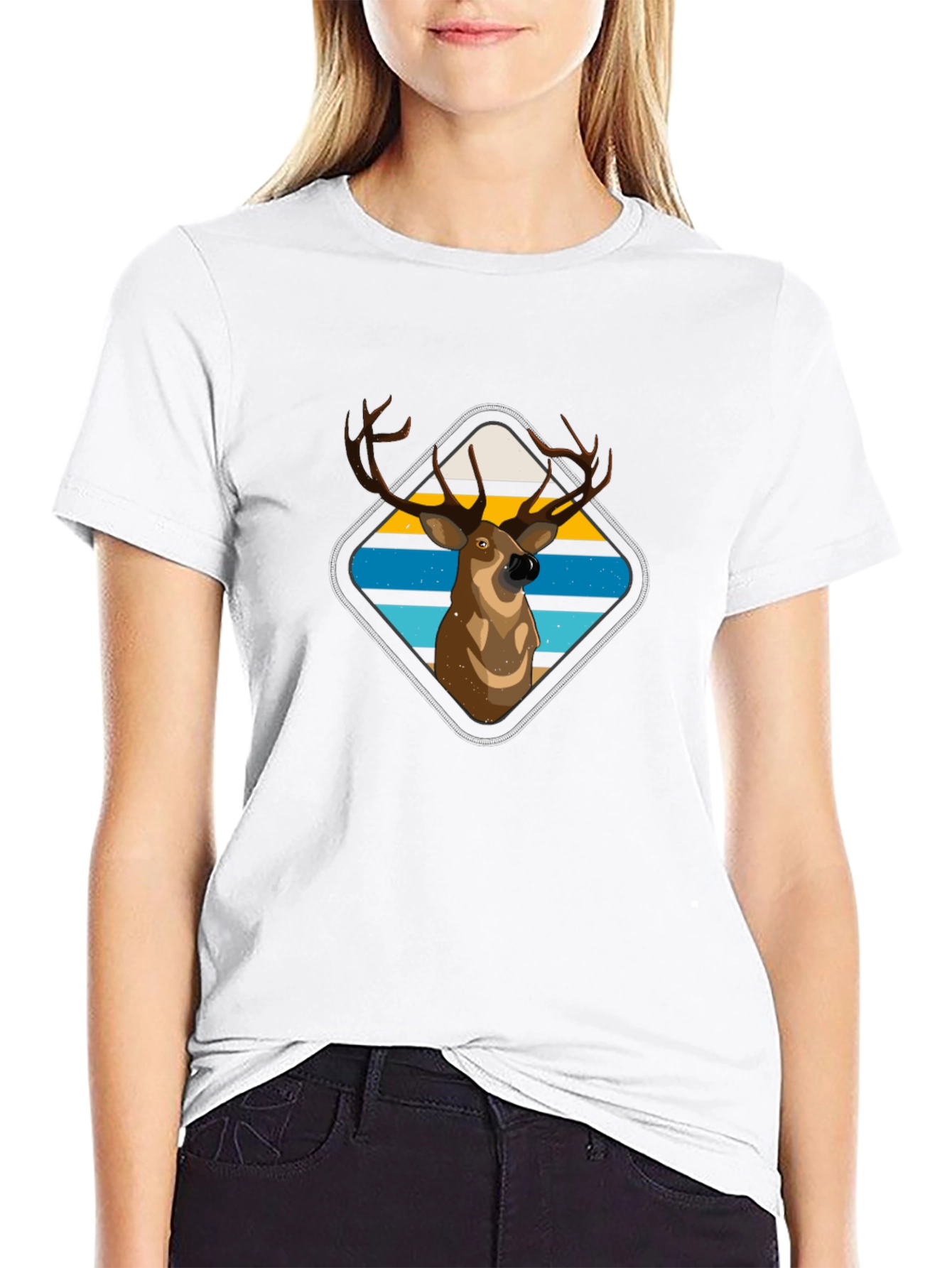 Deer Graphic Tee - Retro Striped Diamond Design