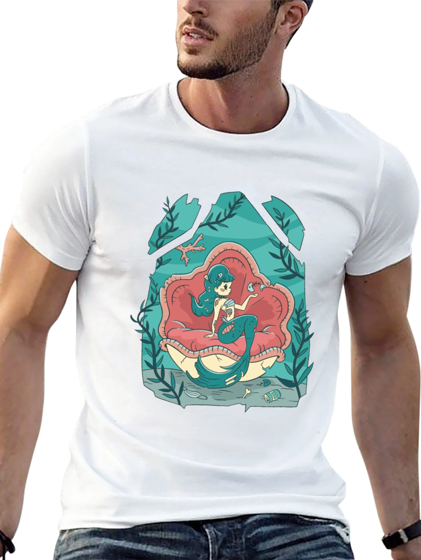 Mermaid on Clam Shell Black T-Shirt