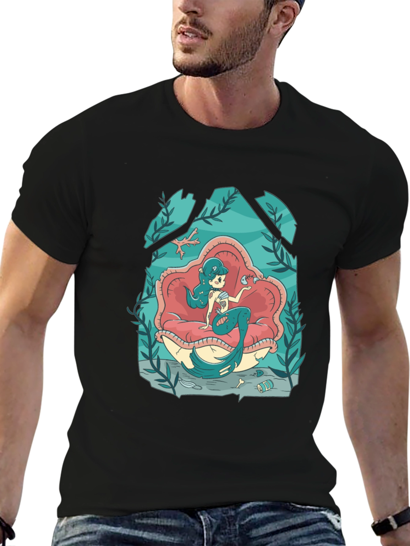 Mermaid on Clam Shell Black T-Shirt