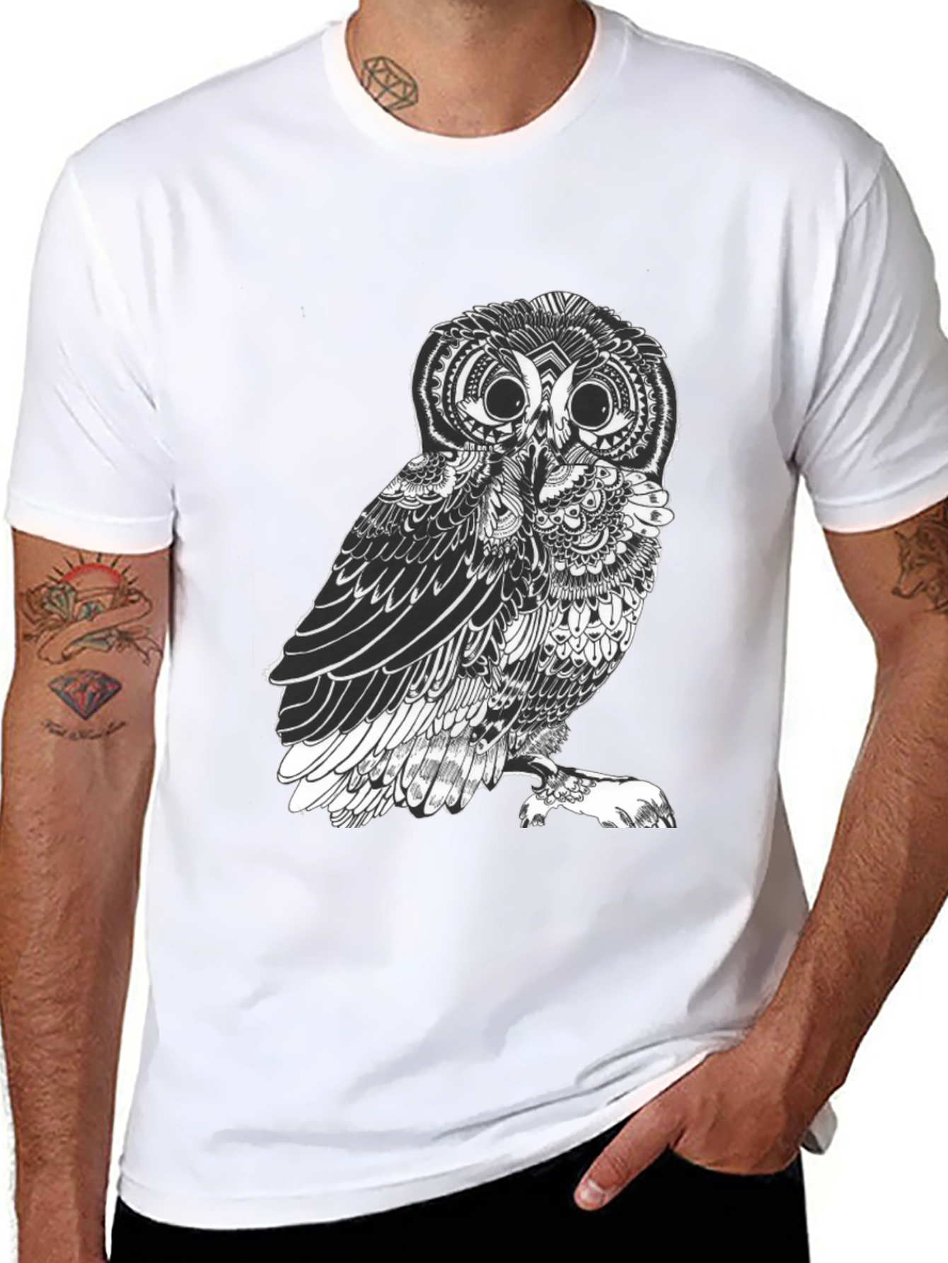 Mens Black Owl Graphic Tee - Unique Design