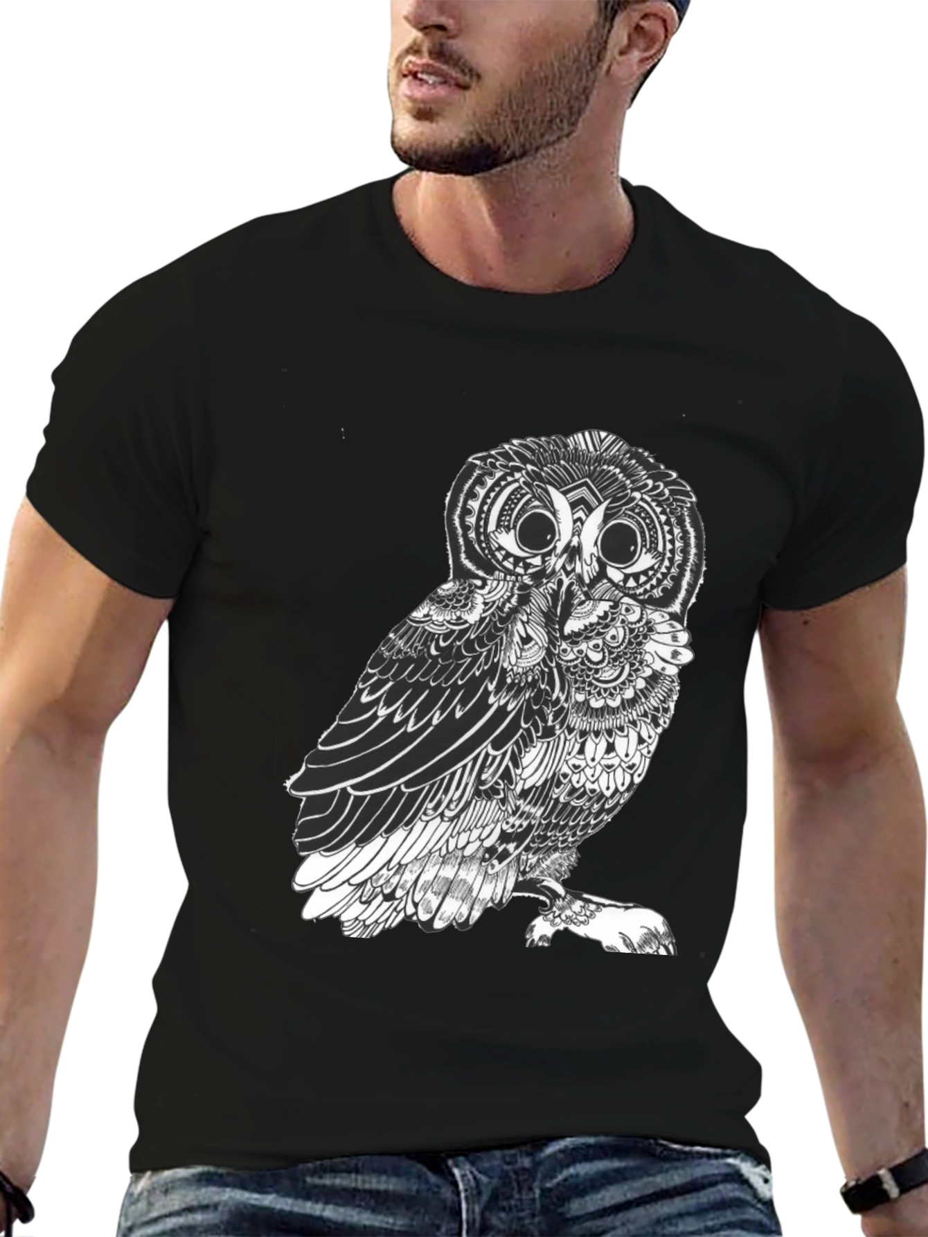 Mens Black Owl Graphic Tee - Unique Design