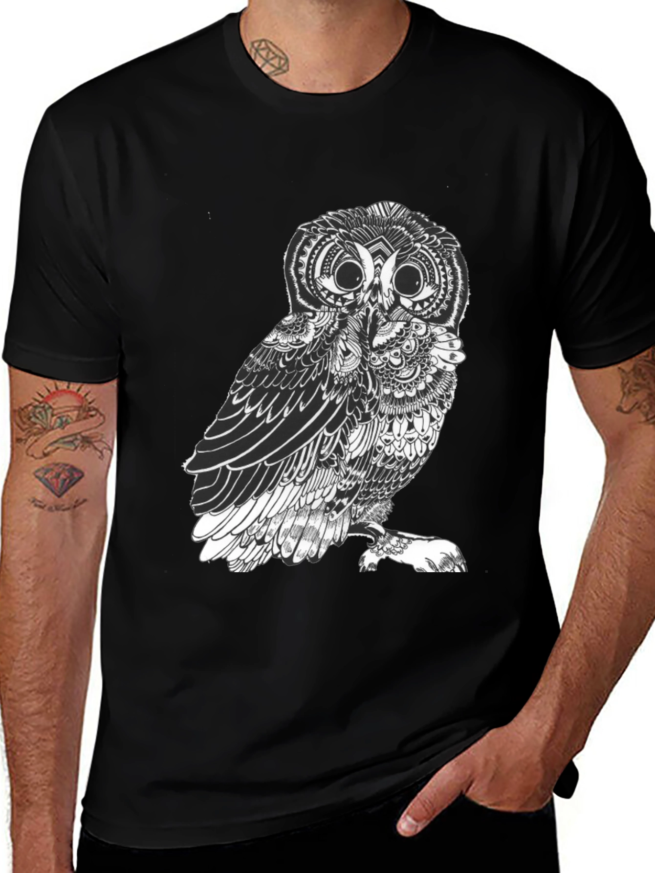 Mens Black Owl Graphic Tee - Unique Design