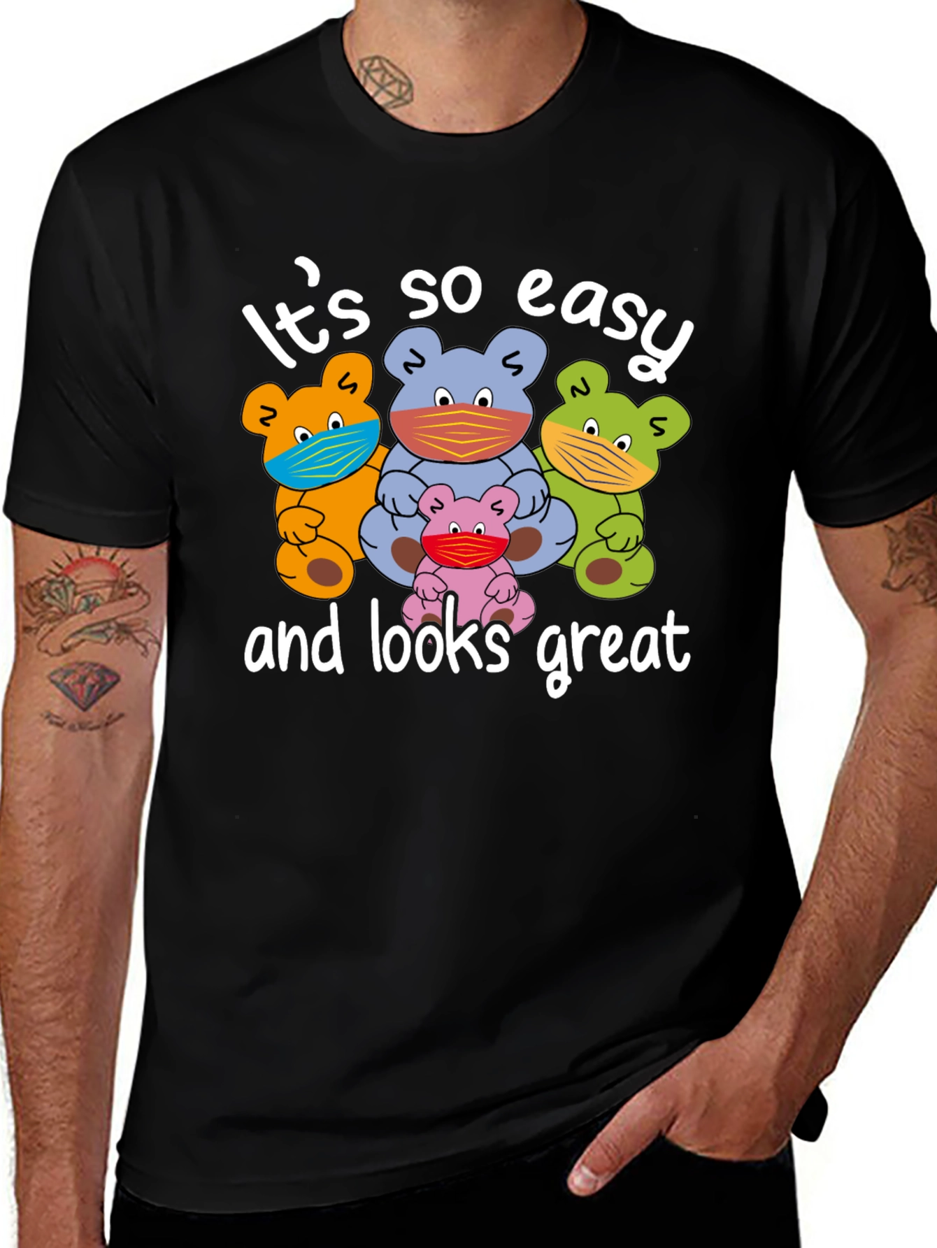 Funny Bear Family Face Mask Graphic Tee - Black