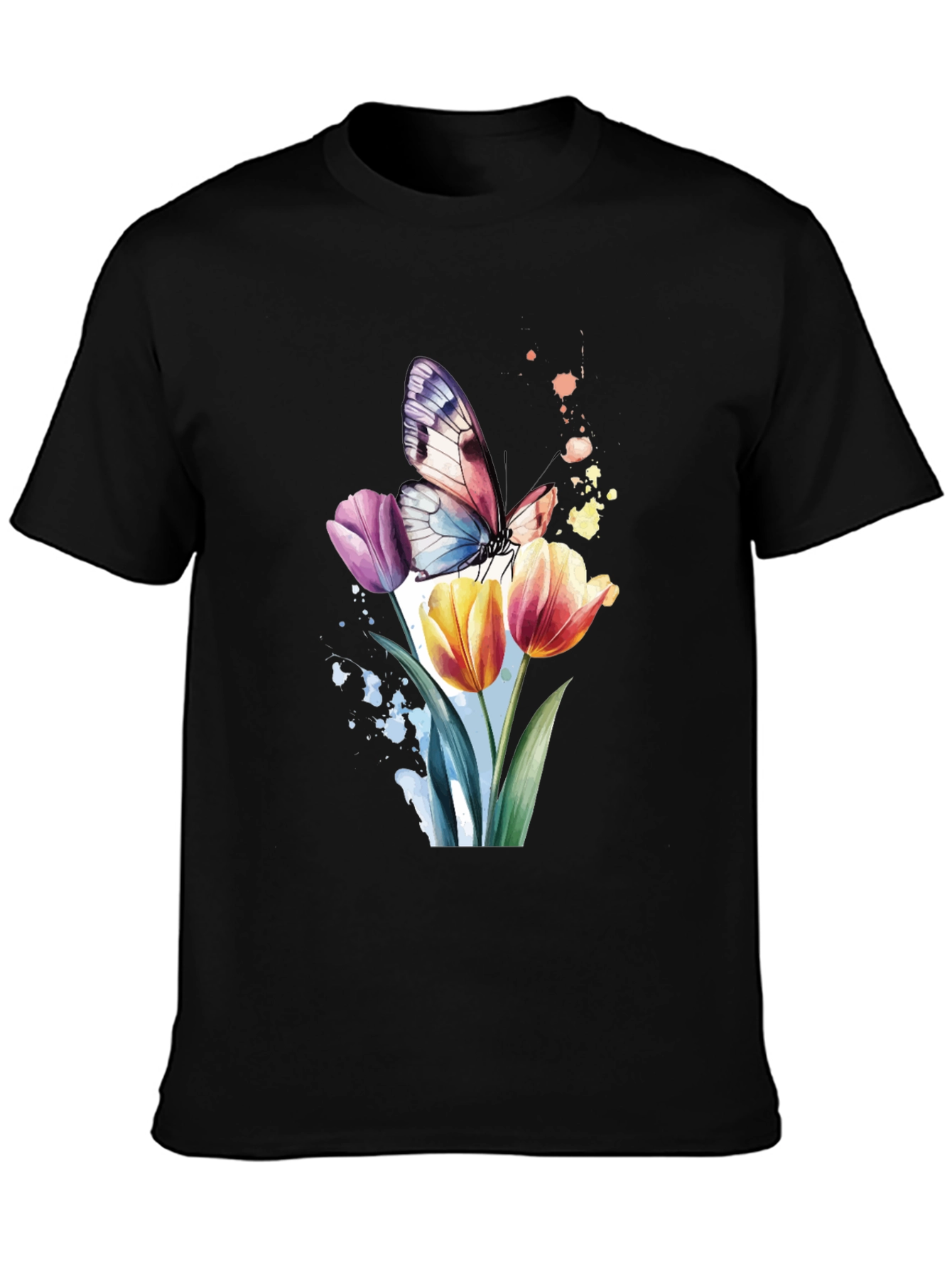Butterfly & Floral Graphic Black T-Shirt