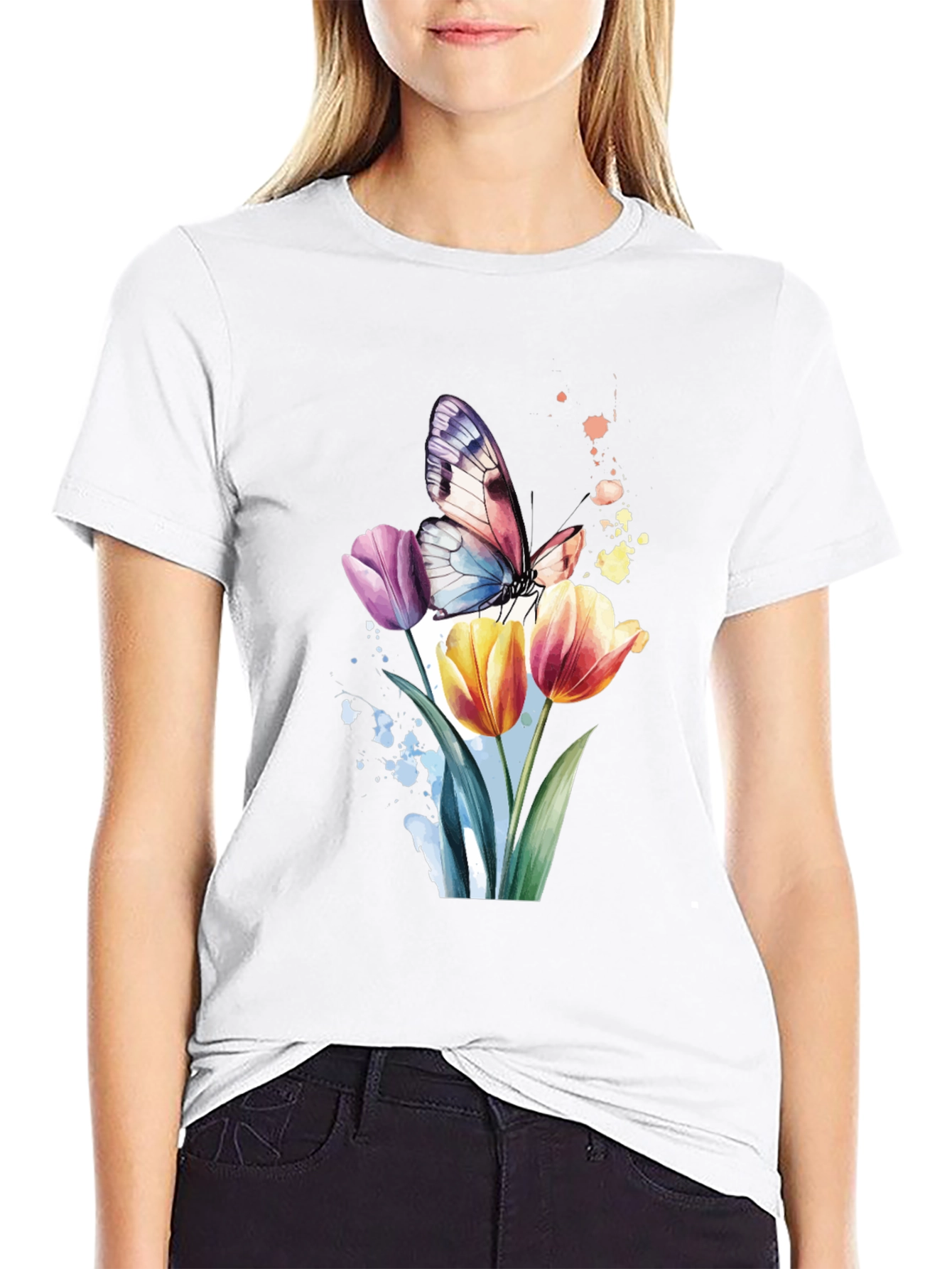 Butterfly & Floral Graphic Black T-Shirt