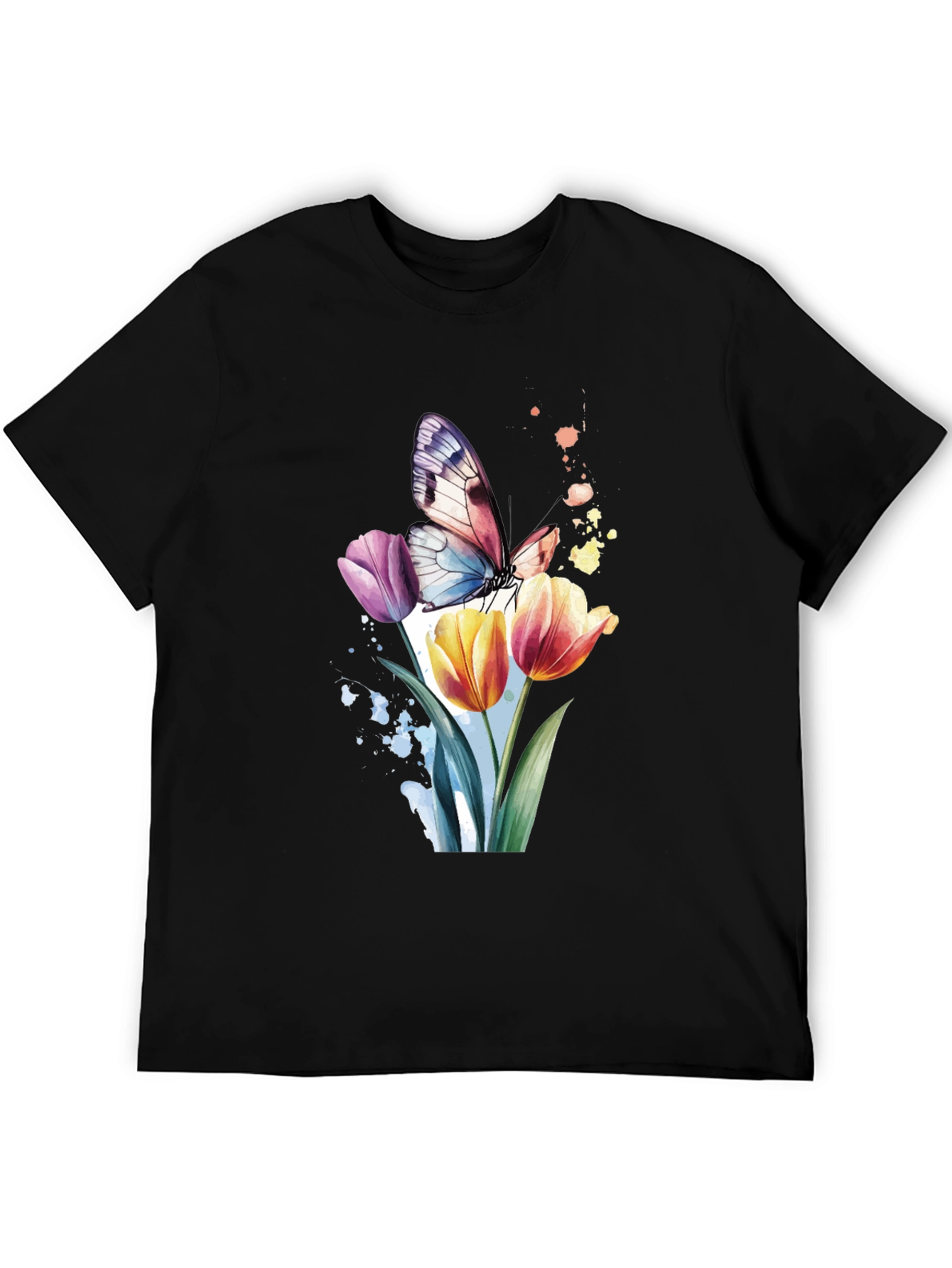 Butterfly & Floral Graphic Black T-Shirt