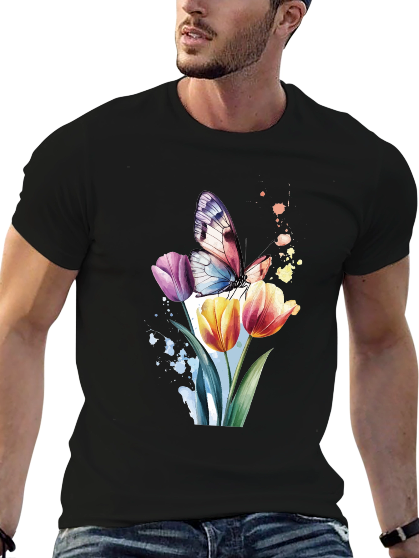 Butterfly & Floral Graphic Black T-Shirt