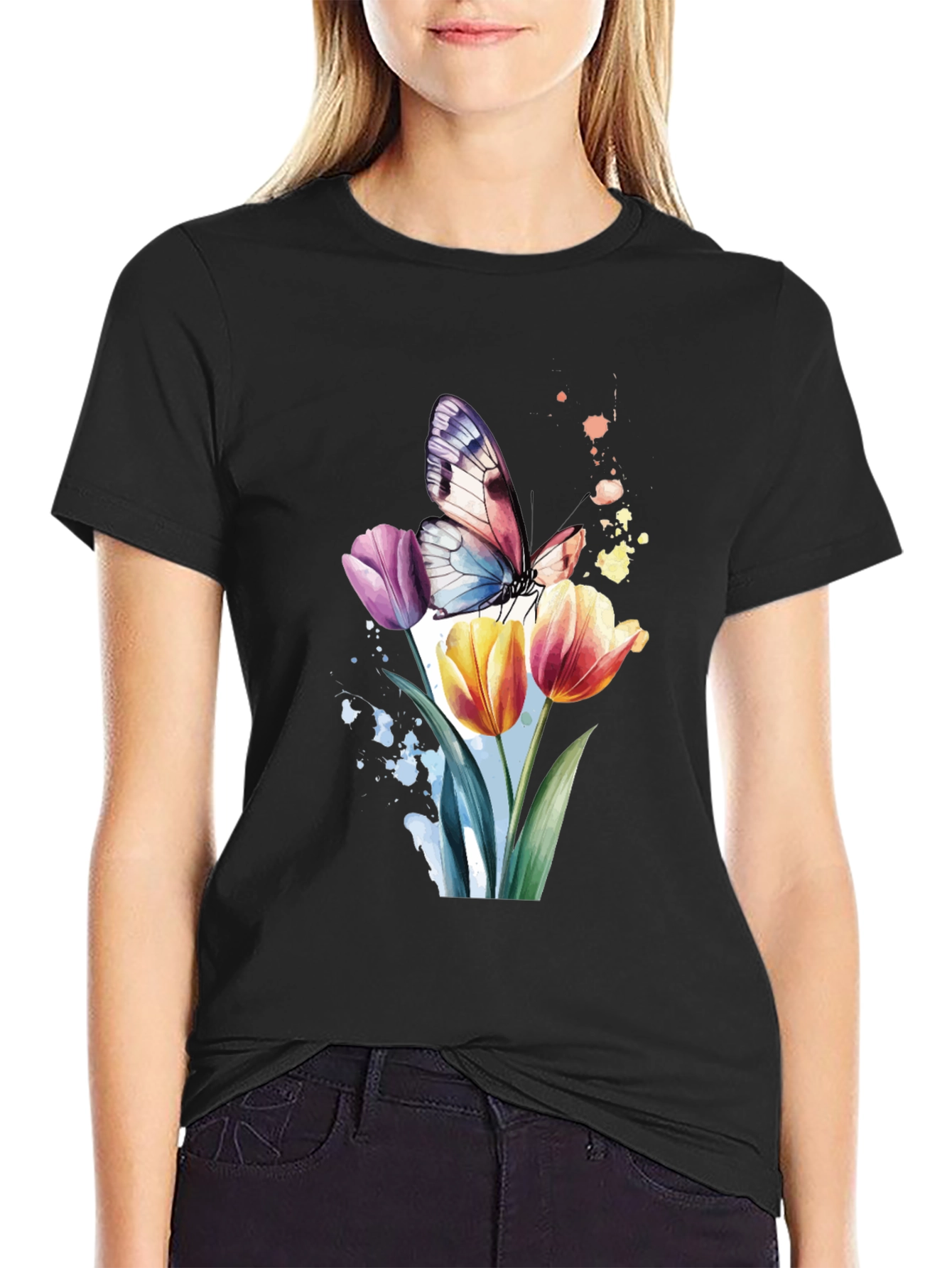 Butterfly & Floral Graphic Black T-Shirt