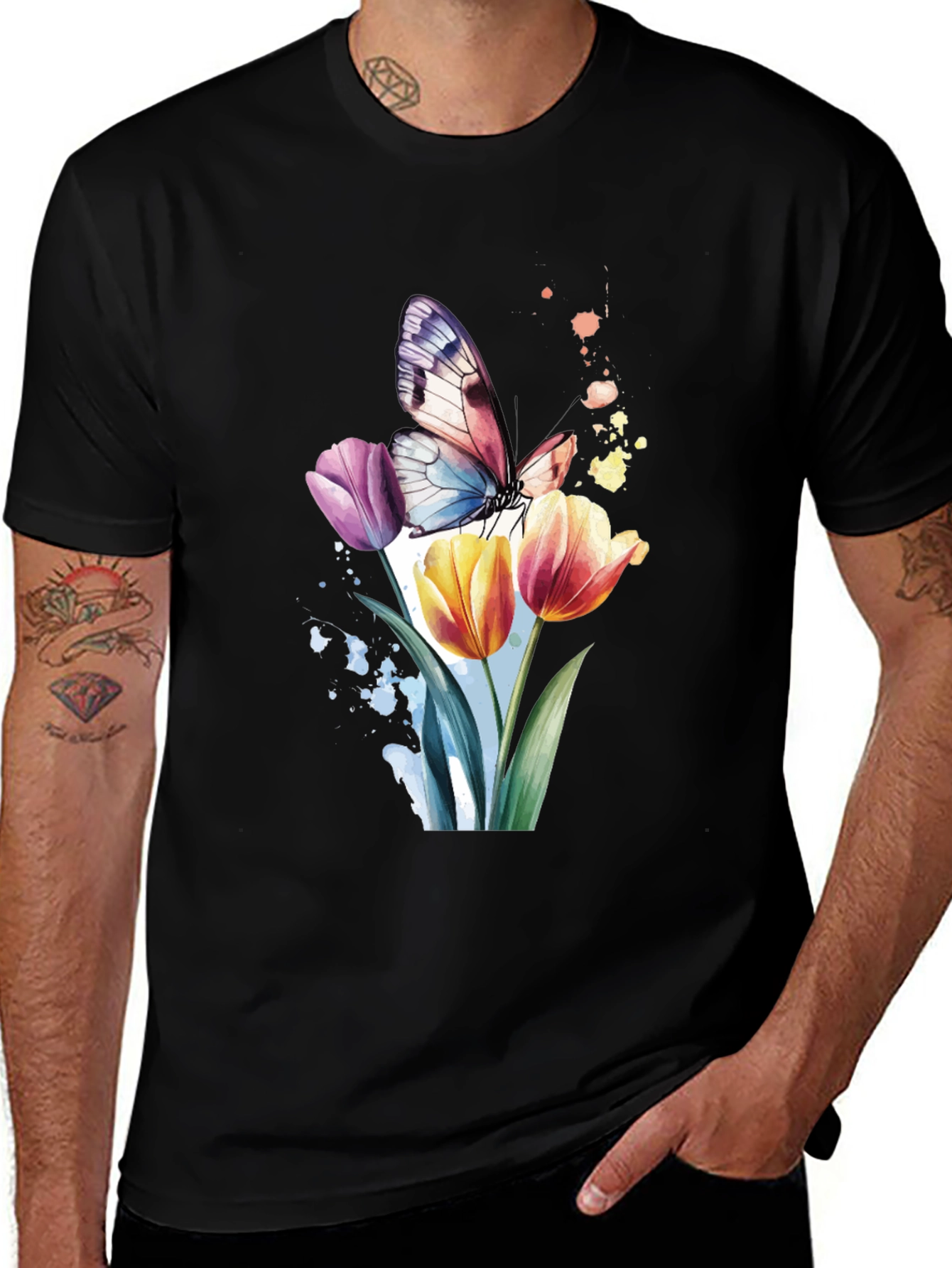 Butterfly & Floral Graphic Black T-Shirt