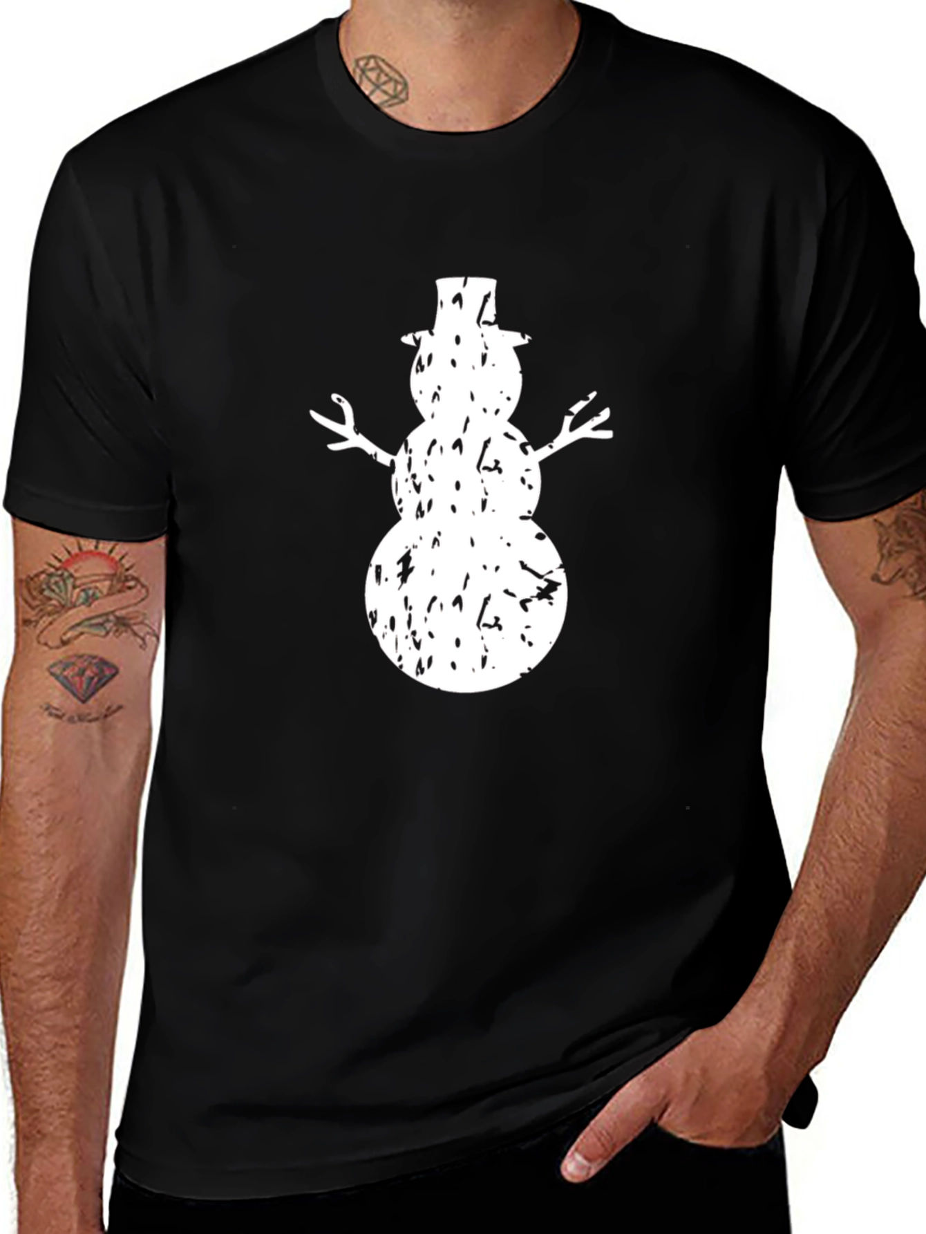 Distressed Snowman Graphic T-Shirt - Black