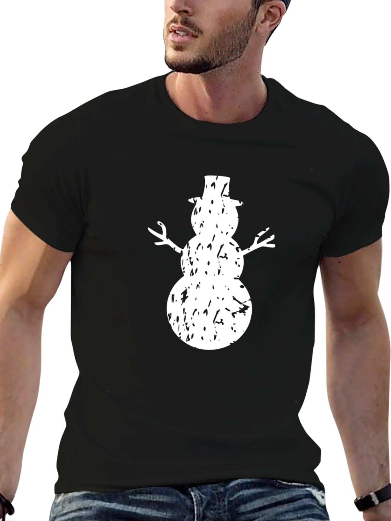 Distressed Snowman Graphic T-Shirt - Black