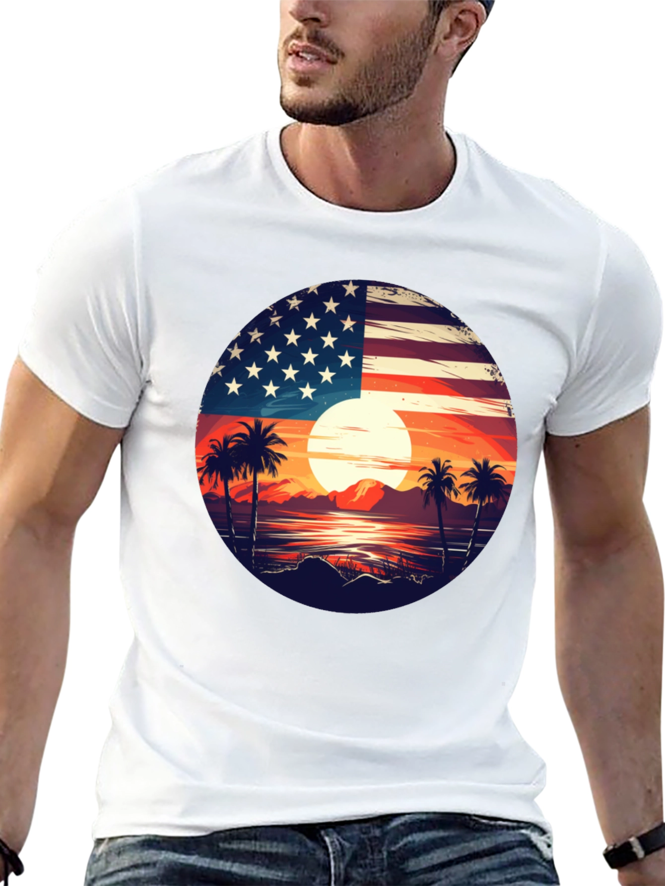 USA Flag Palm Tree Graphic T-Shirt