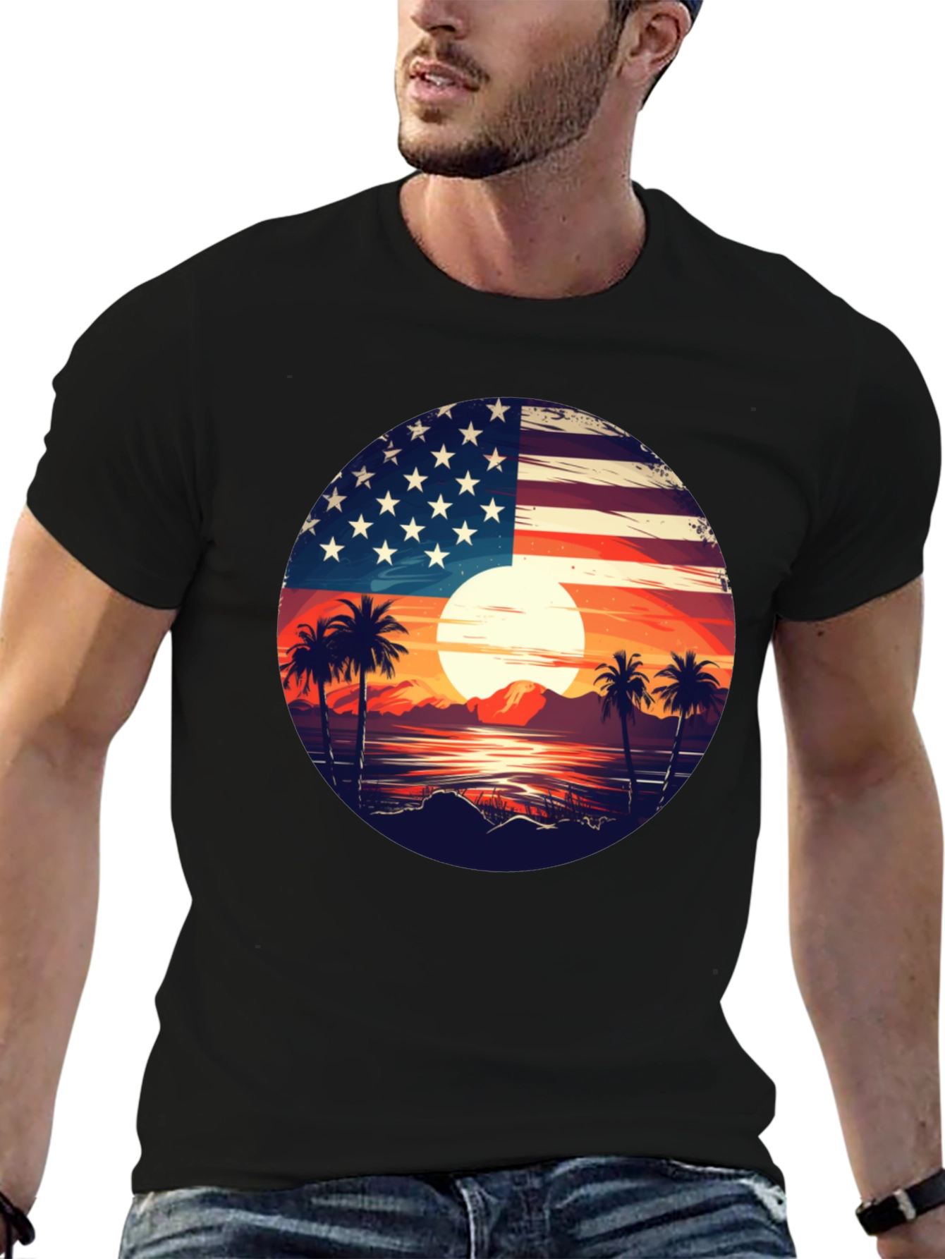 USA Flag Palm Tree Graphic T-Shirt