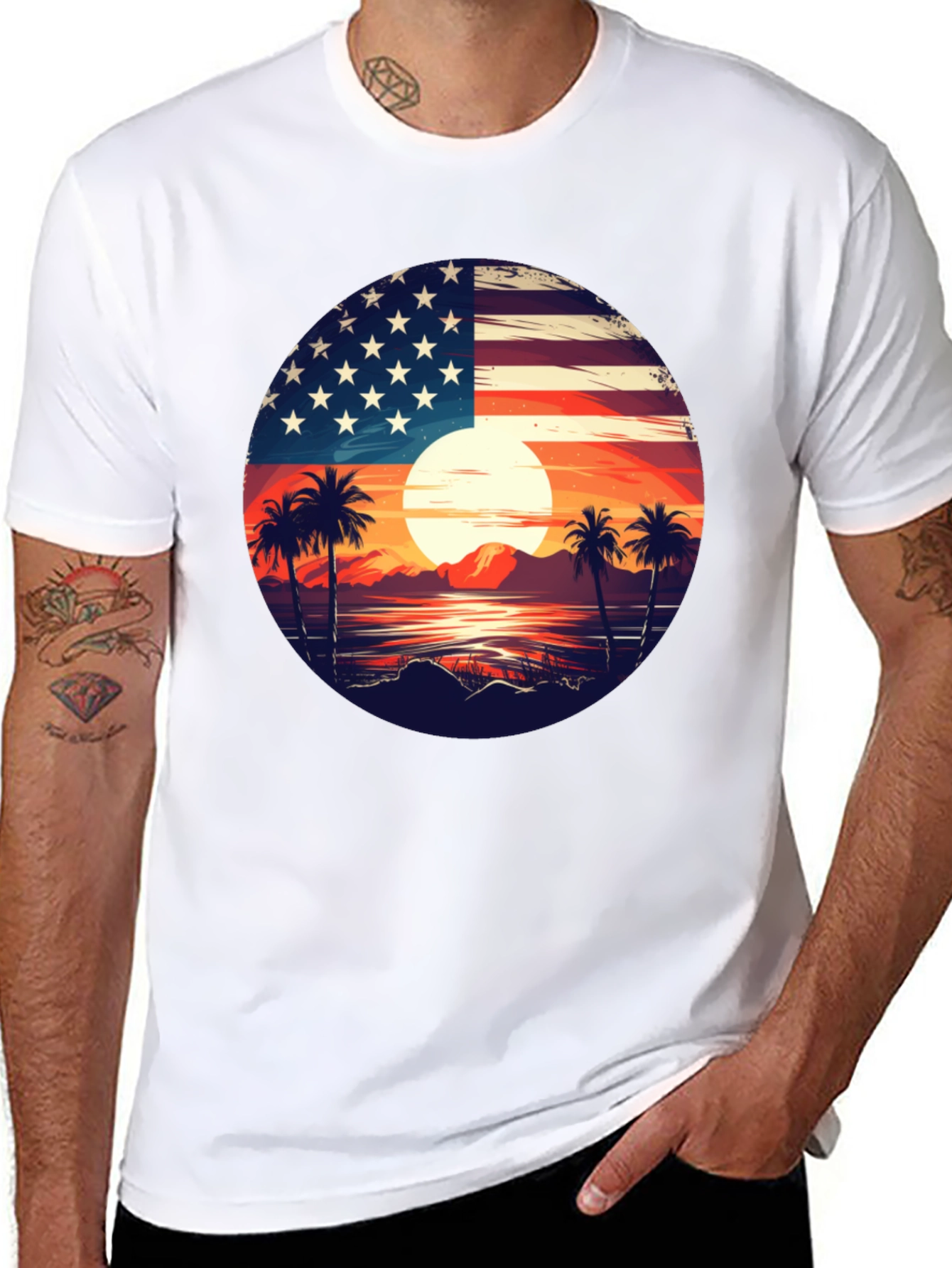USA Flag Palm Tree Graphic T-Shirt