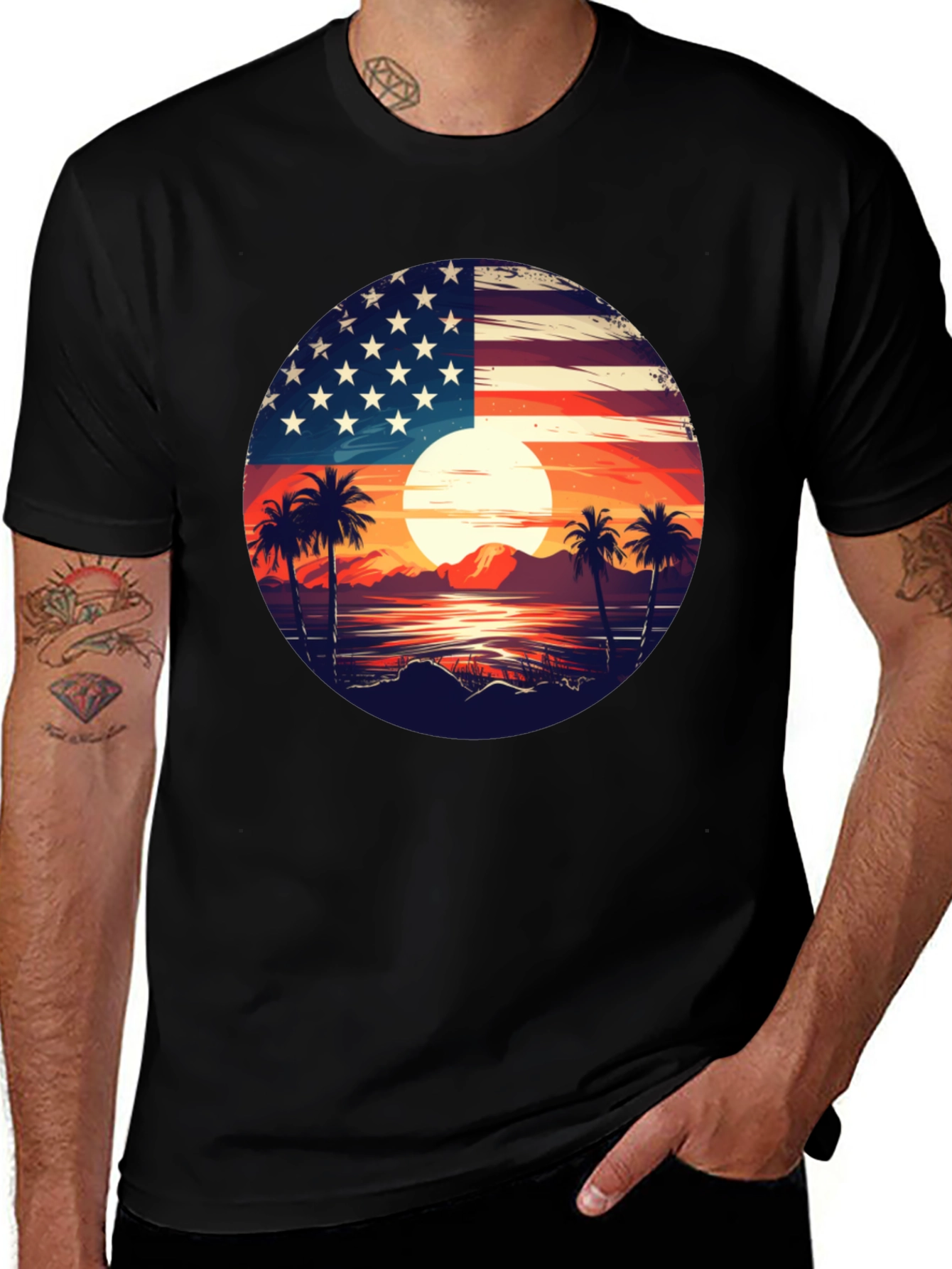 USA Flag Palm Tree Graphic T-Shirt