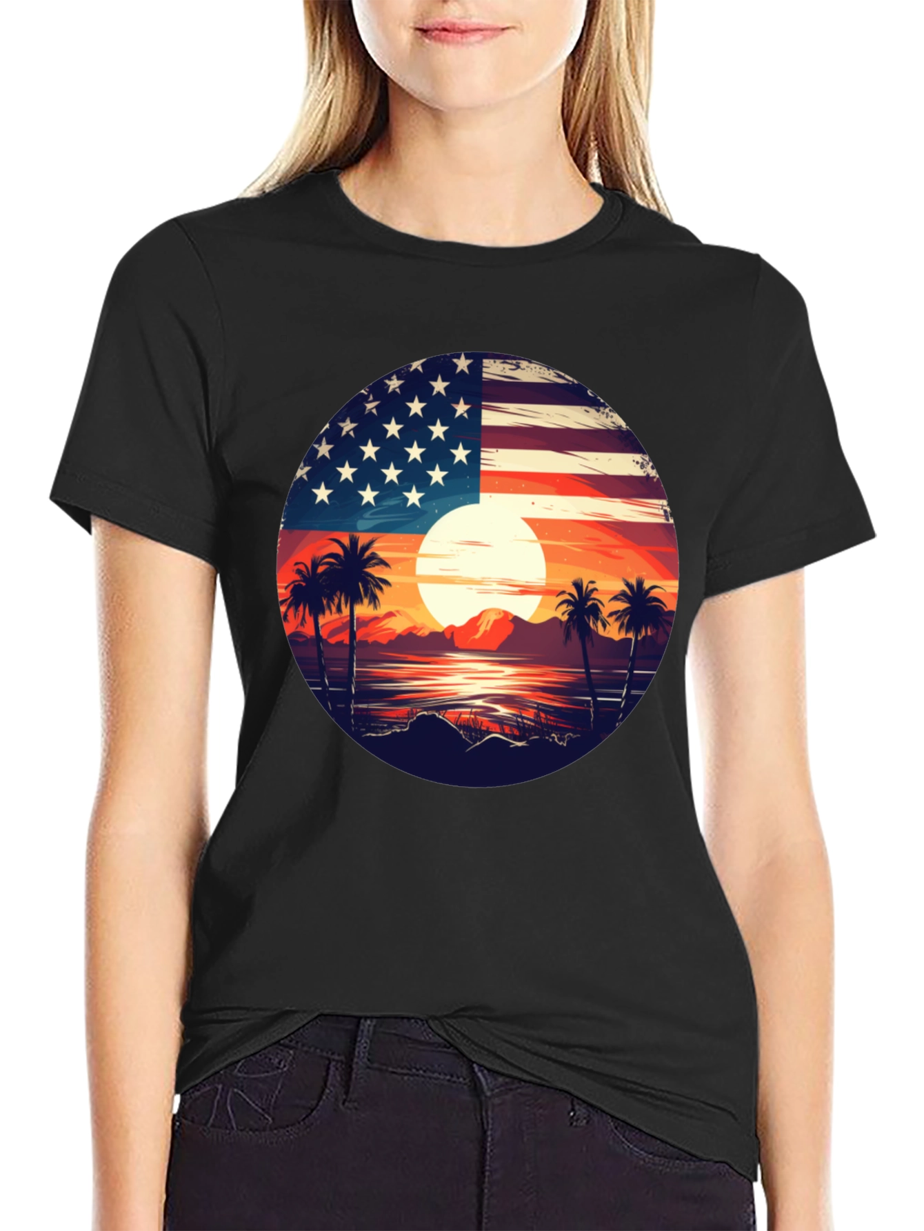 USA Flag Palm Tree Graphic T-Shirt