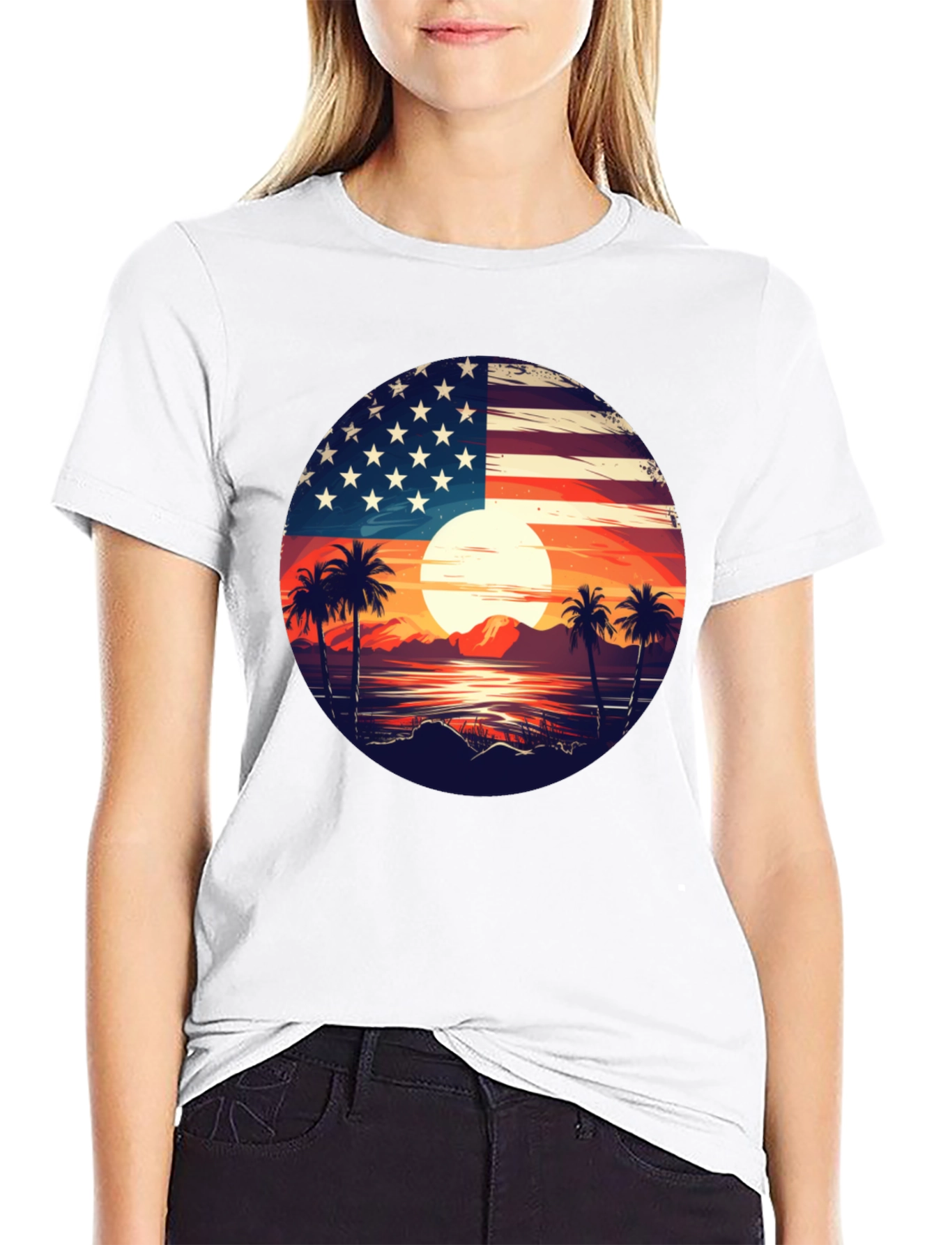 USA Flag Palm Tree Graphic T-Shirt