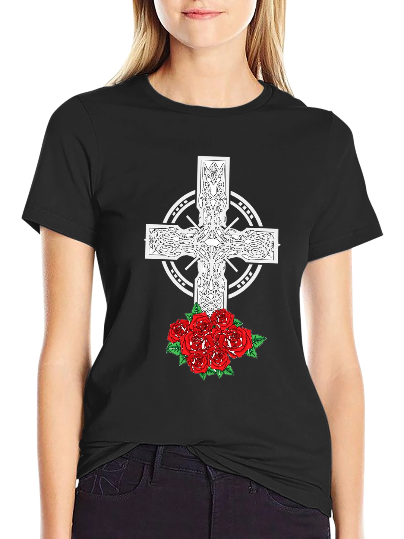 Celtic Cross and Roses Graphic Tee