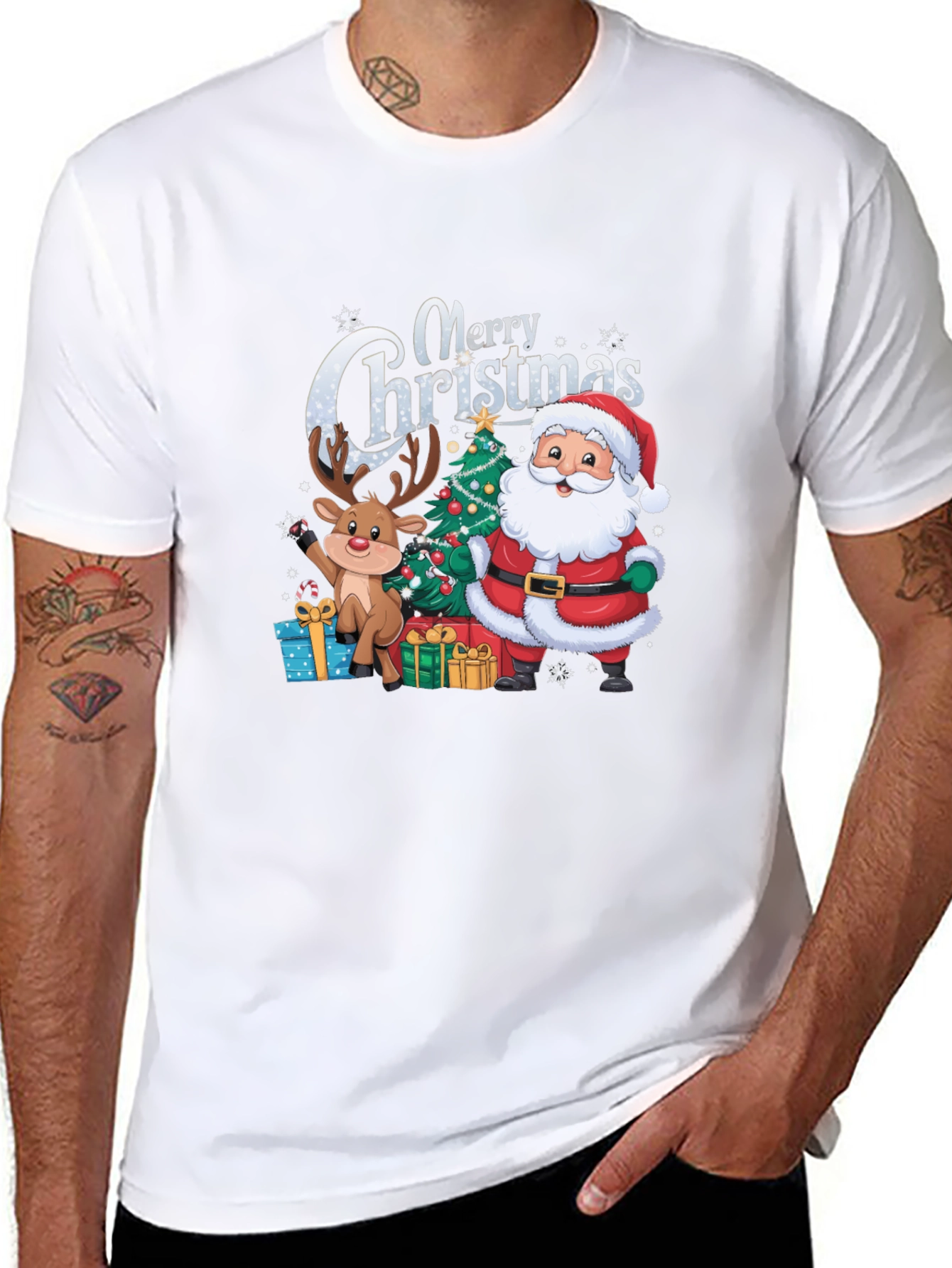 Merry Christmas T-Shirt with Santa and Reindeer