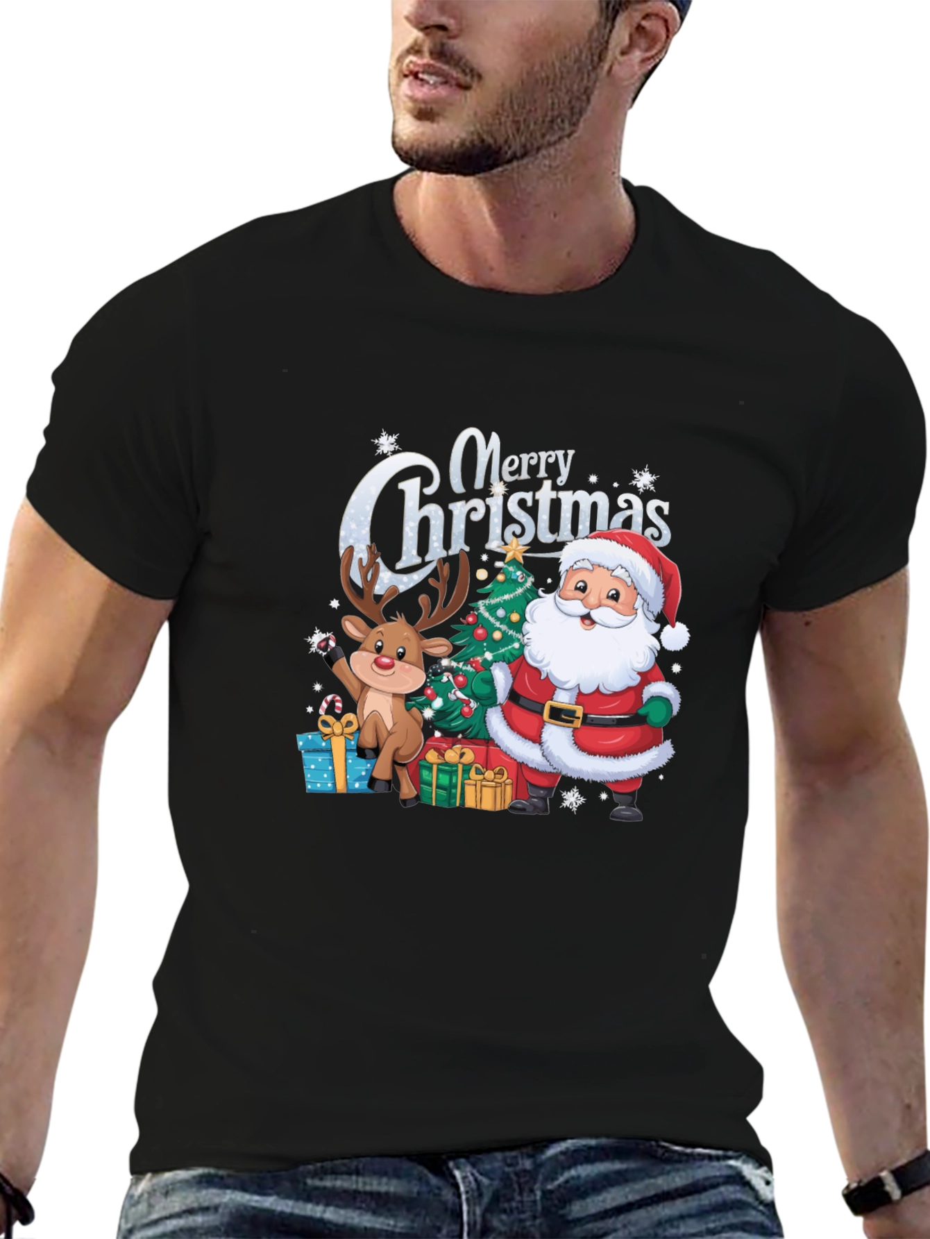Merry Christmas T-Shirt with Santa and Reindeer