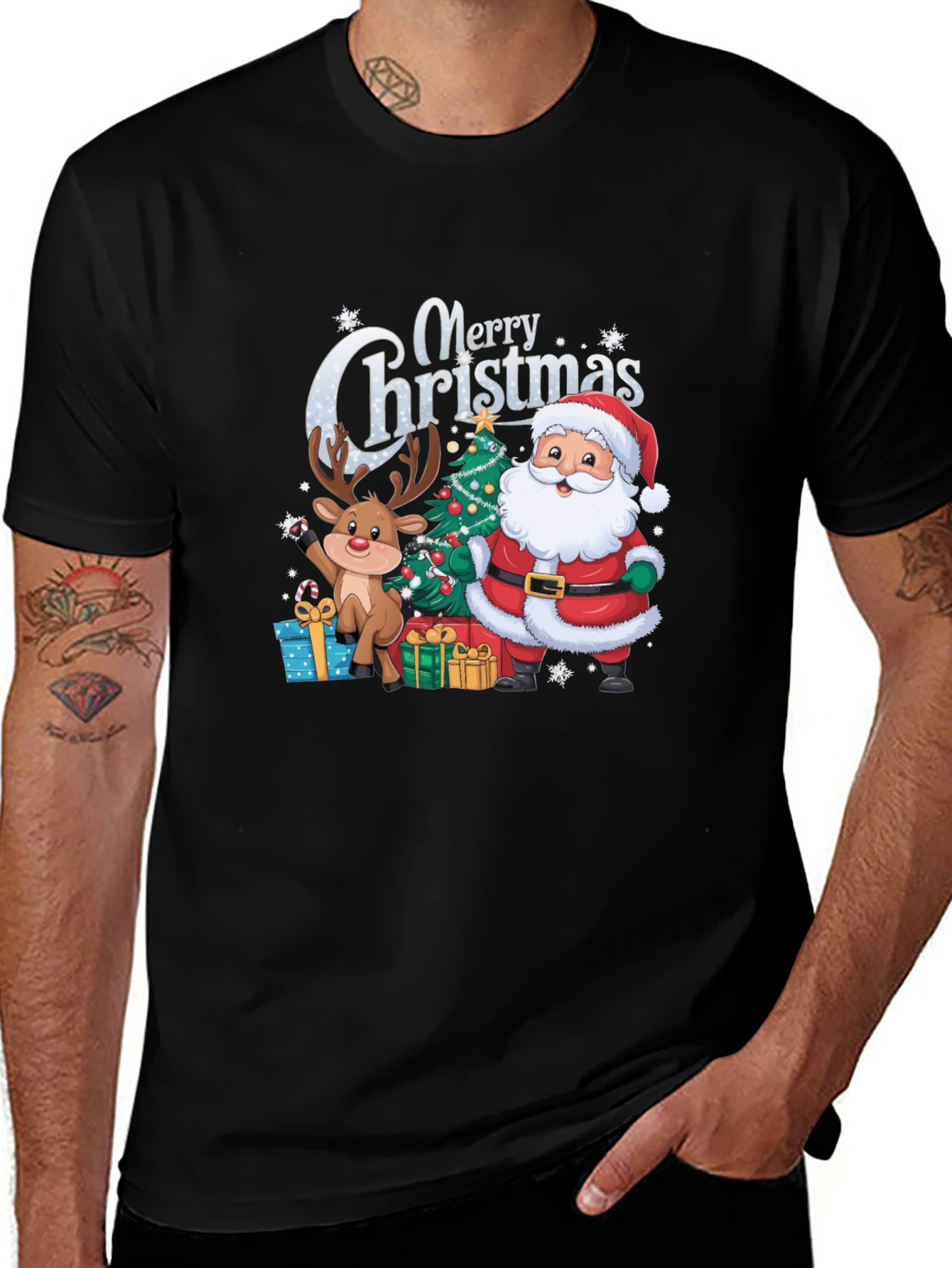 Merry Christmas T-Shirt with Santa and Reindeer
