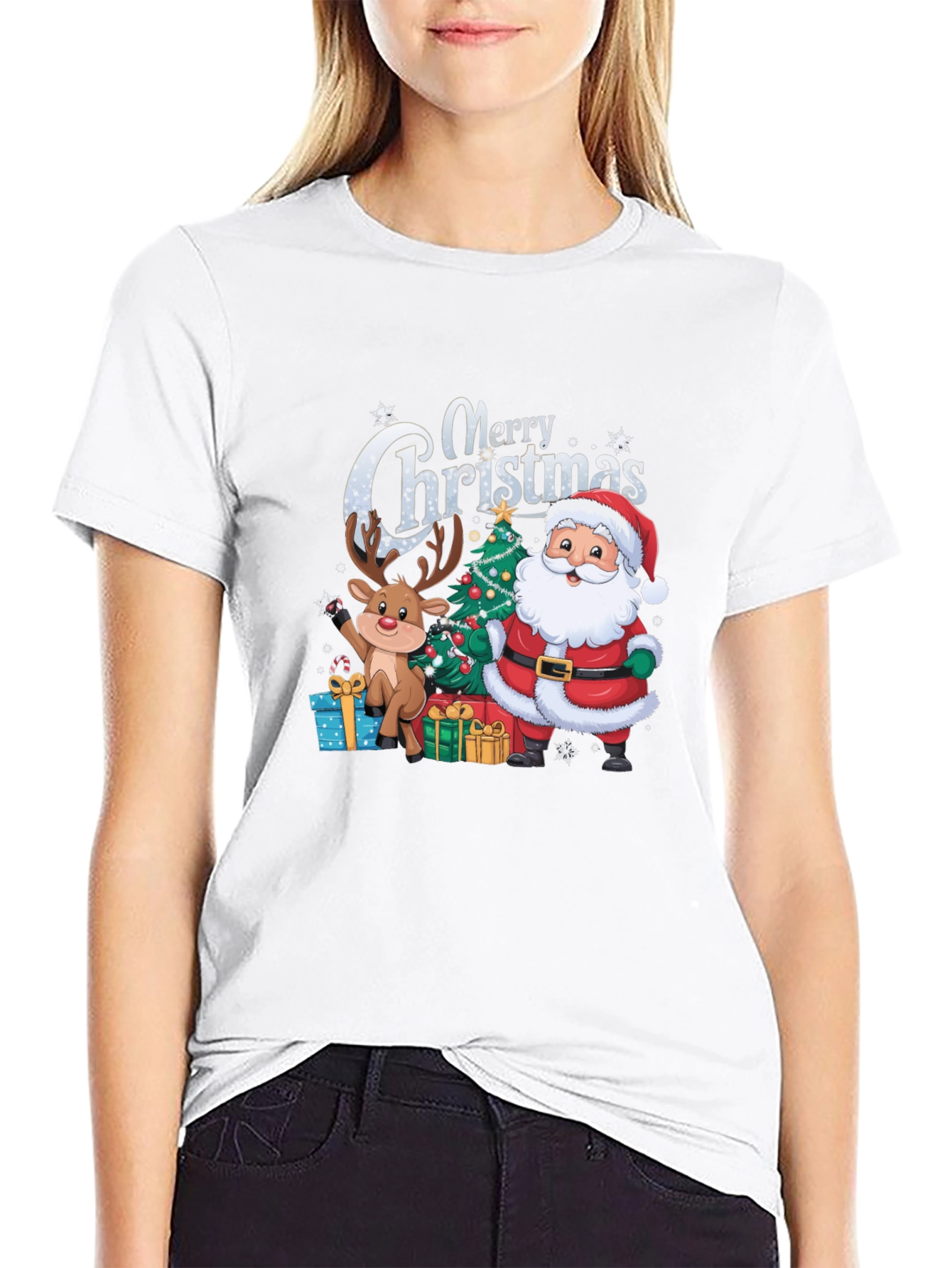 Merry Christmas T-Shirt with Santa and Reindeer