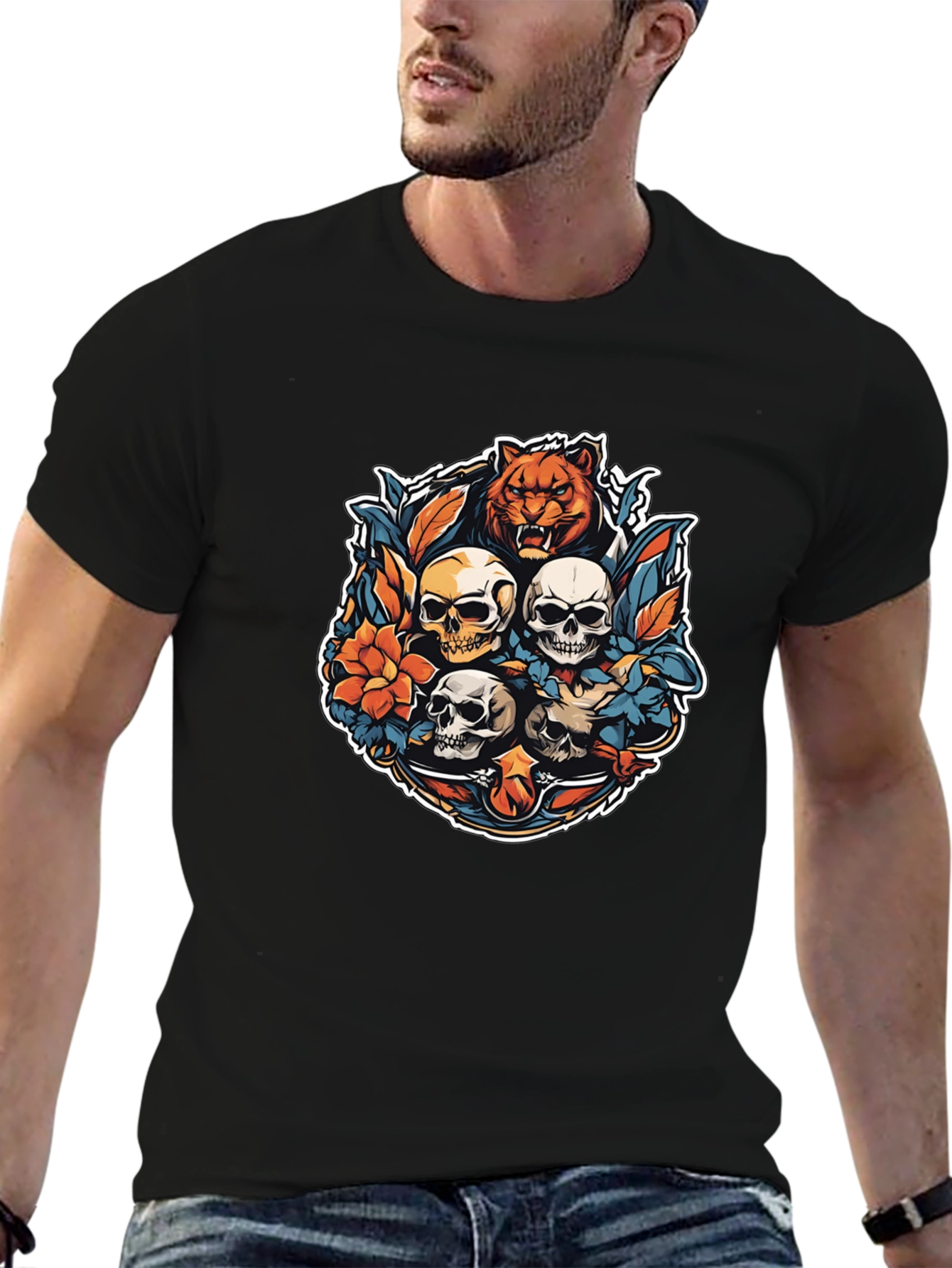 Tiger & Skulls Graphic Black T-Shirt