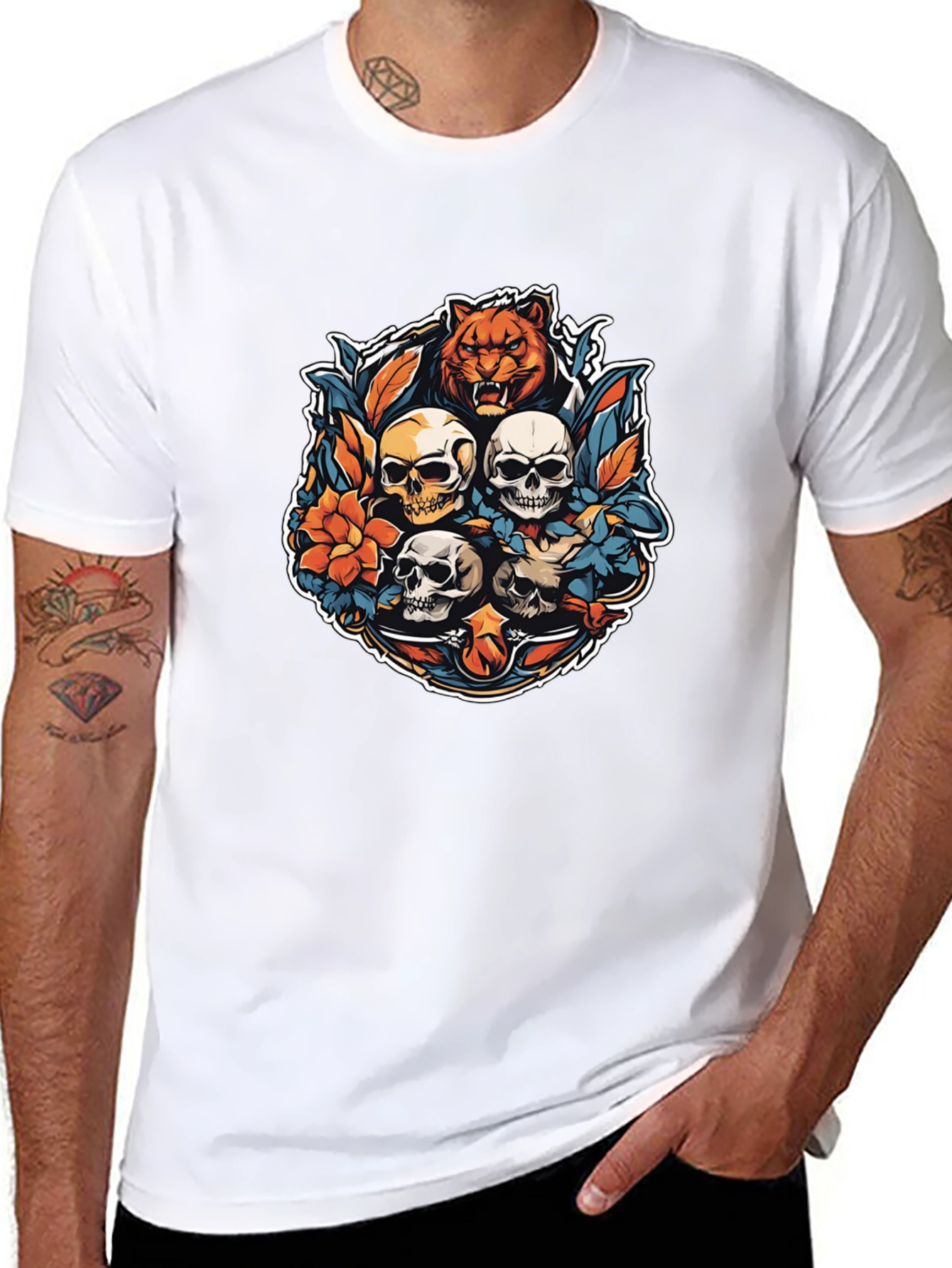 Tiger & Skulls Graphic Black T-Shirt
