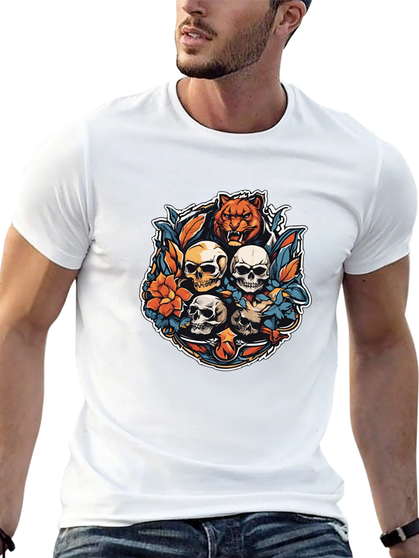Tiger & Skulls Graphic Black T-Shirt