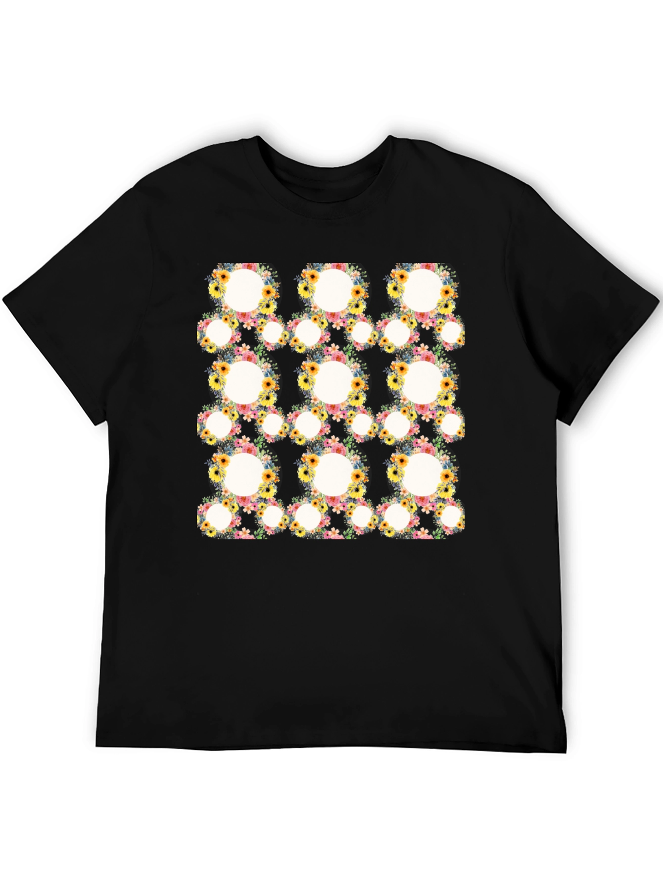 Floral Circle Patterned Black T-Shirt