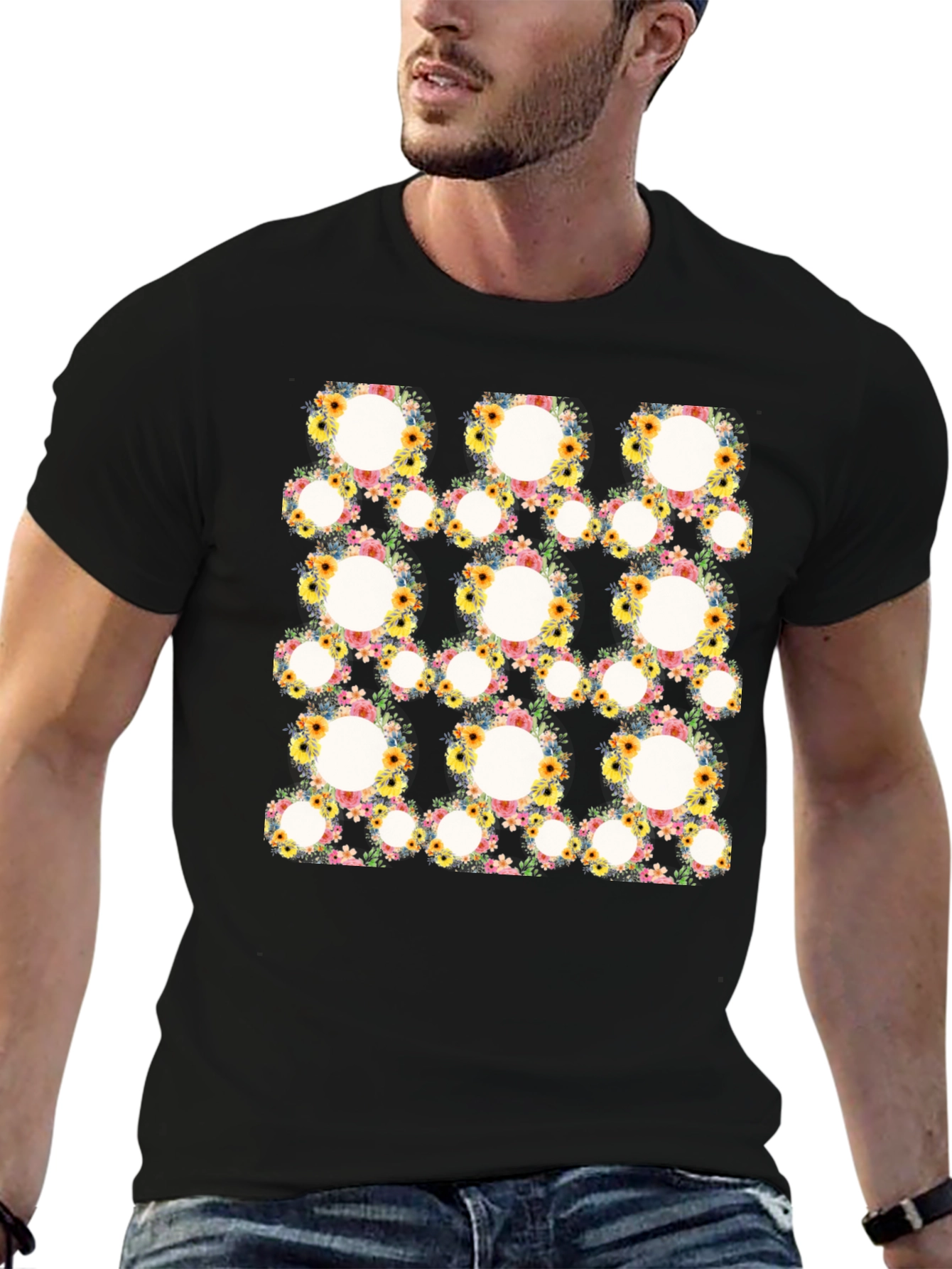 Floral Circle Patterned Black T-Shirt