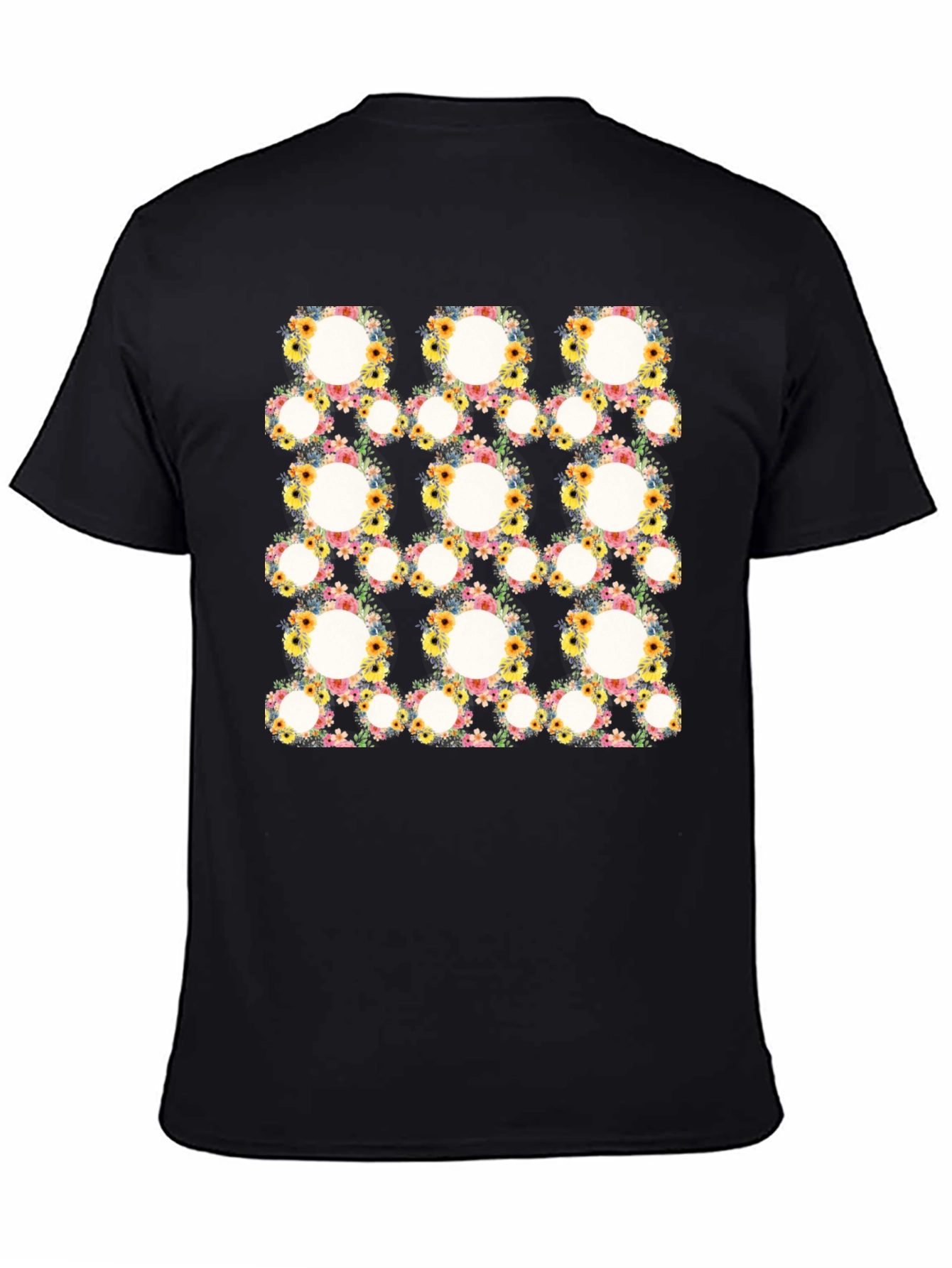 Floral Circle Patterned Black T-Shirt