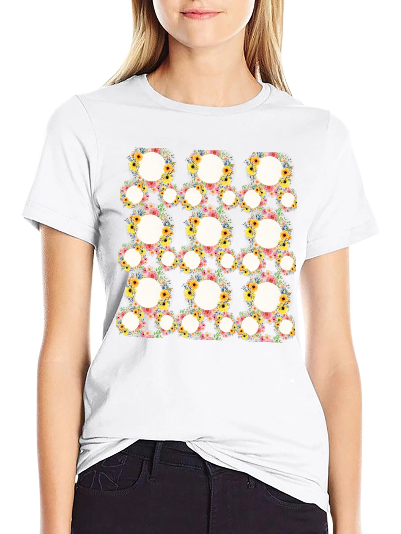 Floral Circle Patterned Black T-Shirt