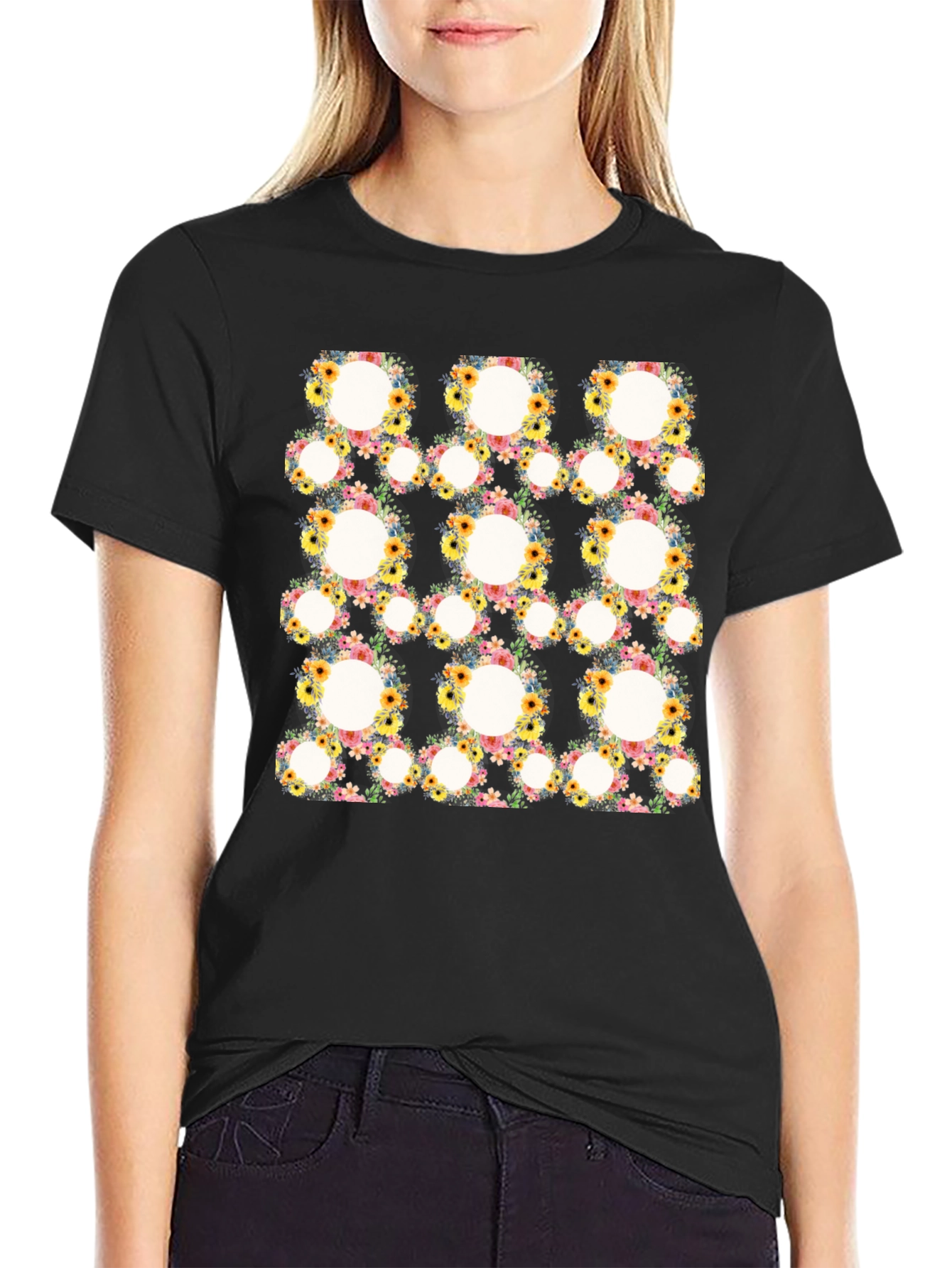Floral Circle Patterned Black T-Shirt