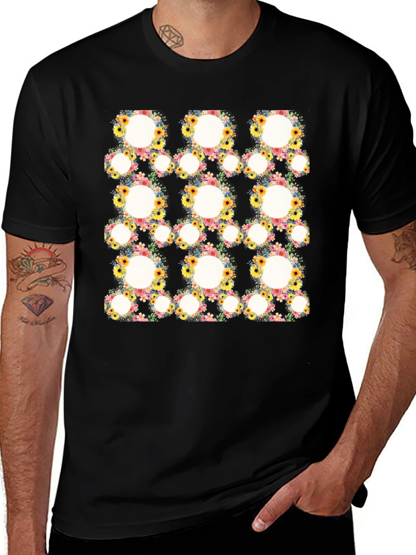Floral Circle Patterned Black T-Shirt