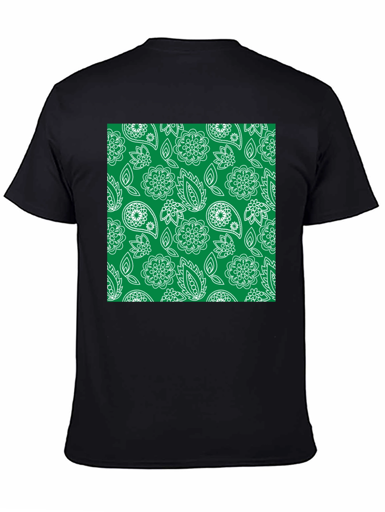 Trendy Black Tee with Green Floral Paisley Print
