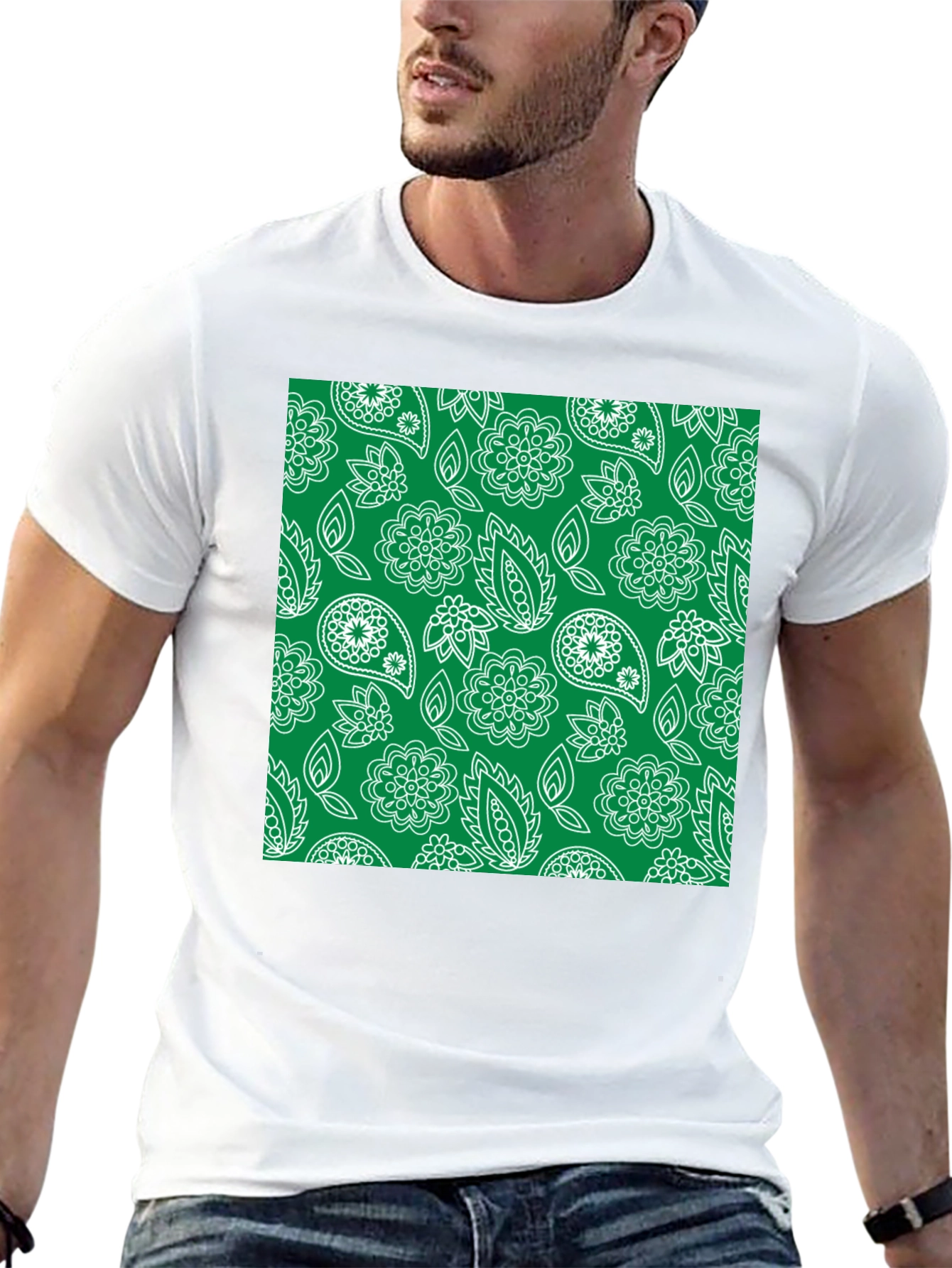 Trendy Black Tee with Green Floral Paisley Print