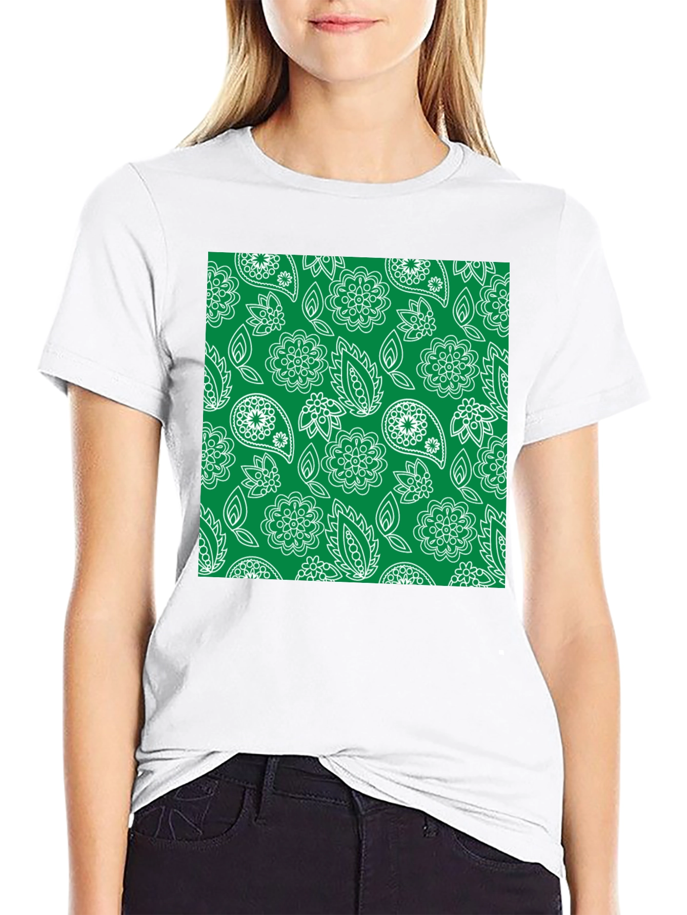 Trendy Black Tee with Green Floral Paisley Print
