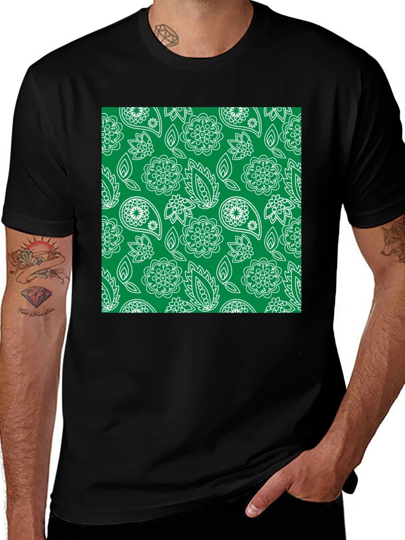 Trendy Black Tee with Green Floral Paisley Print
