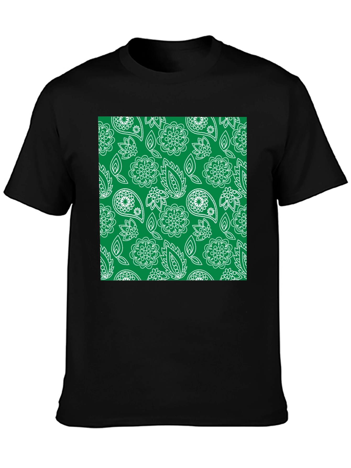 Trendy Black Tee with Green Floral Paisley Print