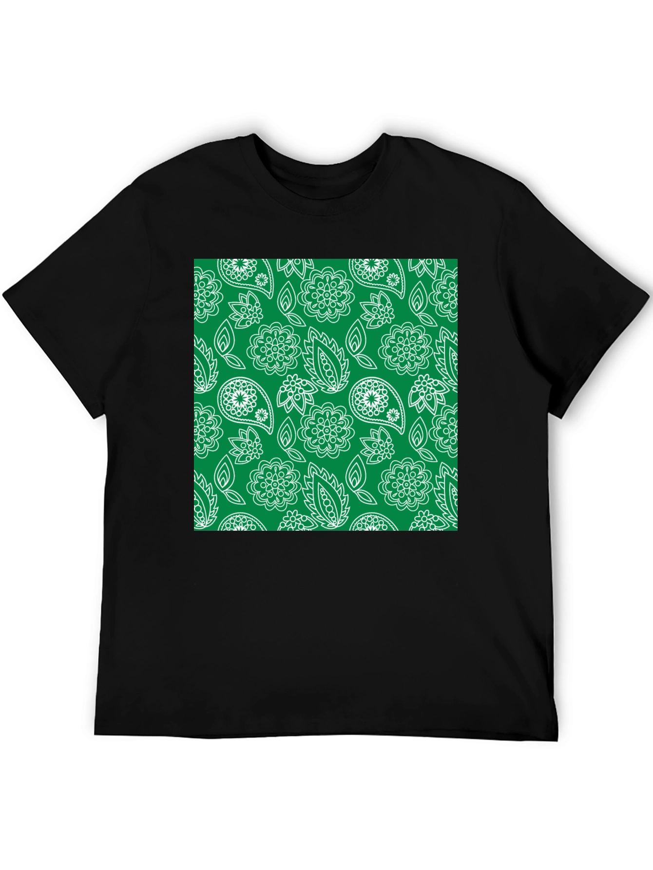 Trendy Black Tee with Green Floral Paisley Print