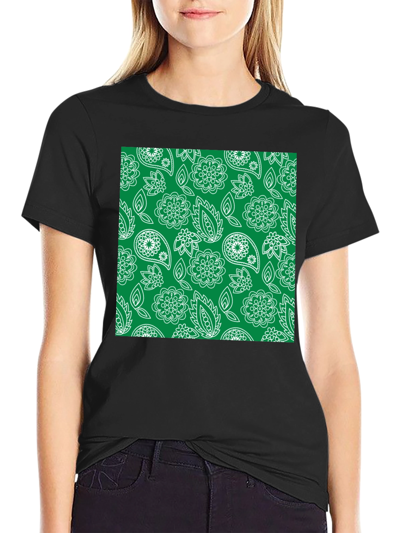 Trendy Black Tee with Green Floral Paisley Print