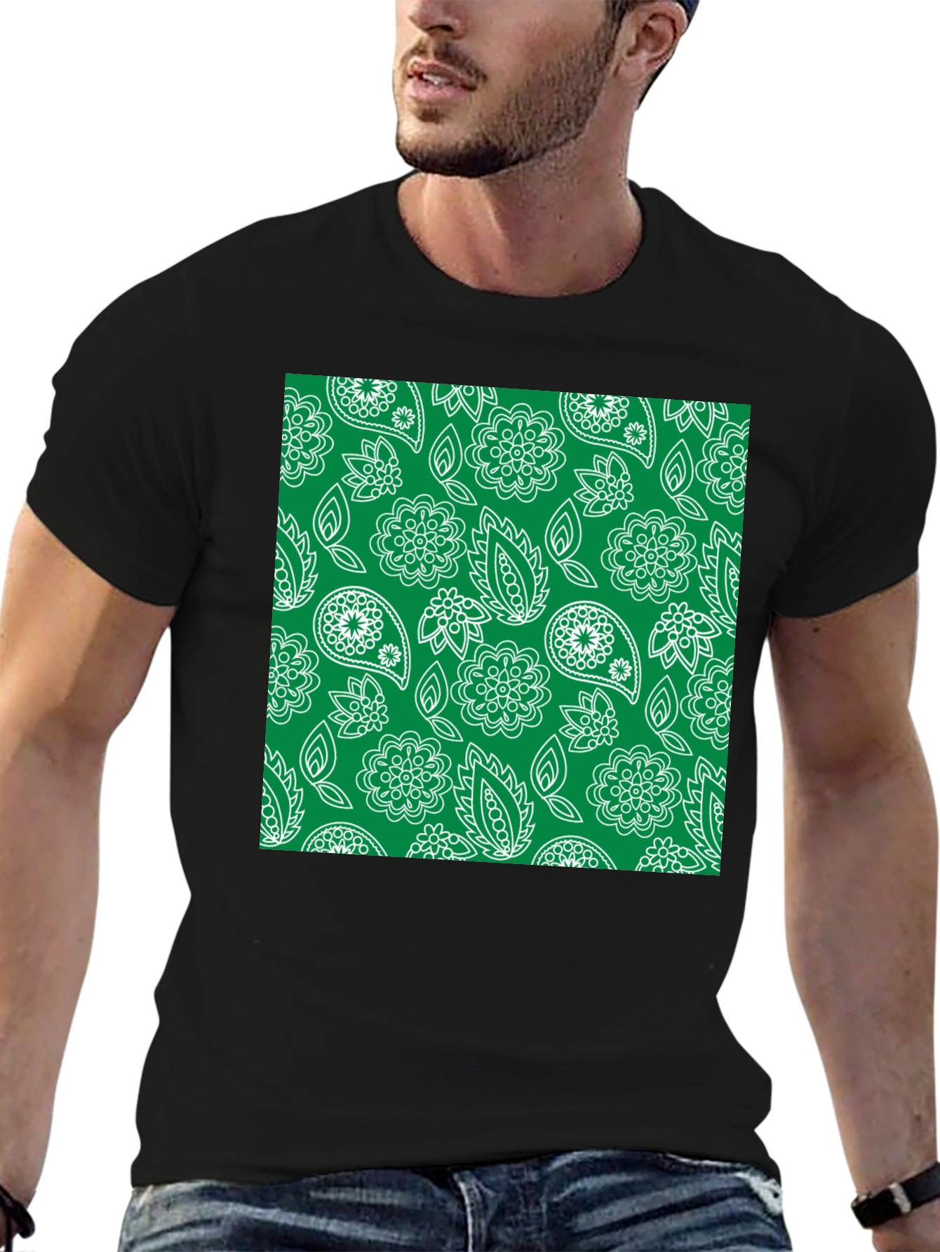 Trendy Black Tee with Green Floral Paisley Print
