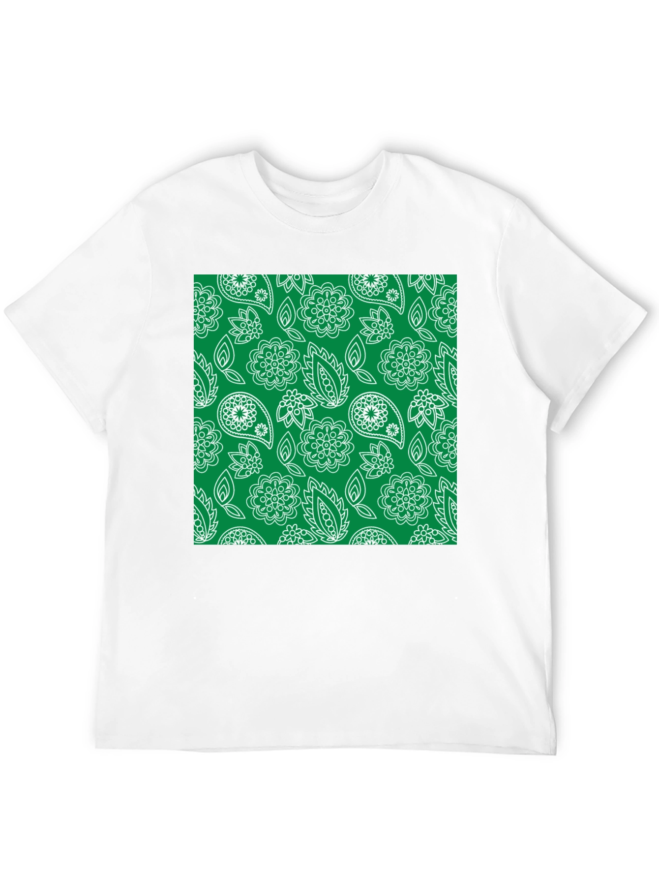 Trendy Black Tee with Green Floral Paisley Print