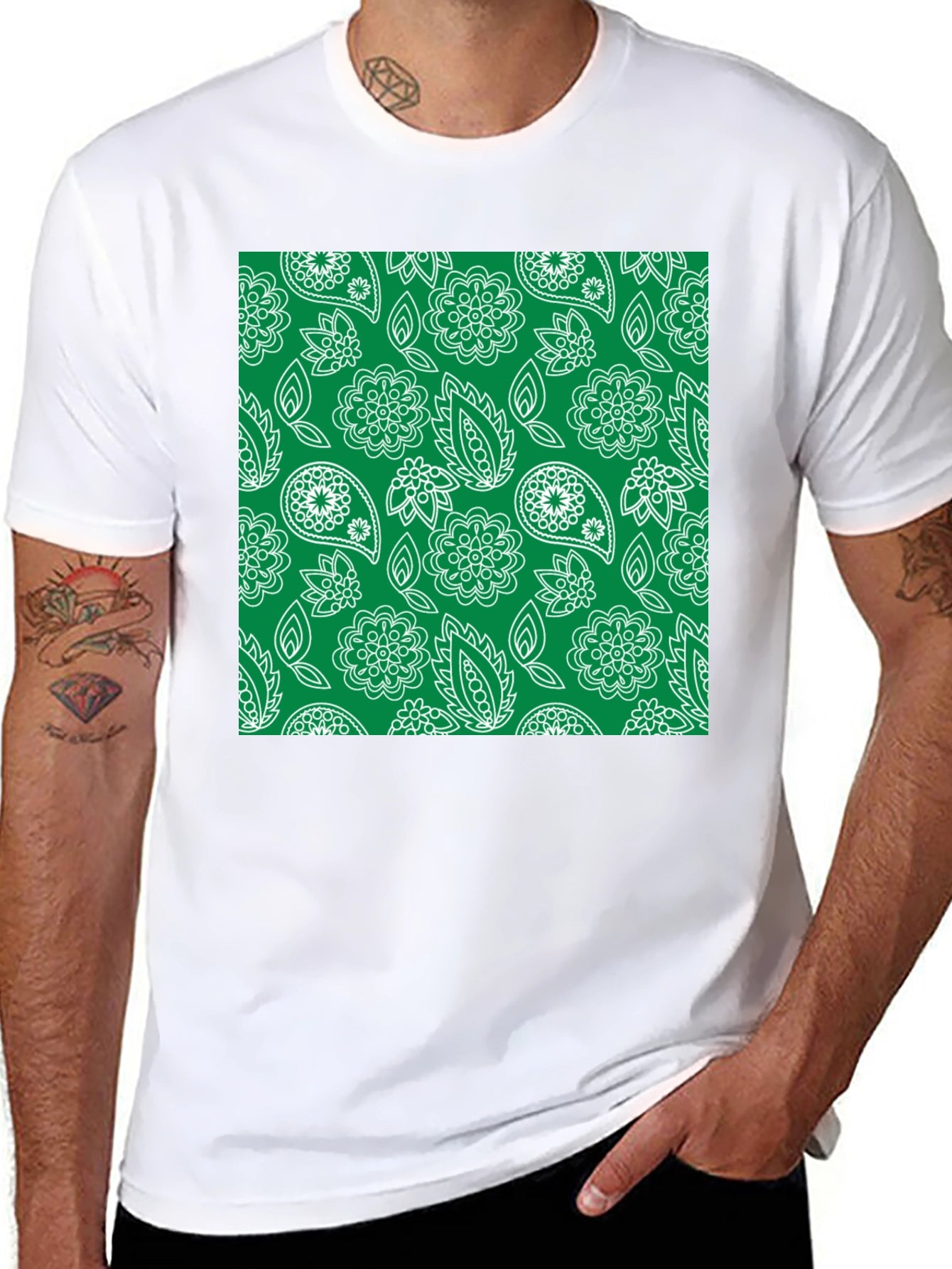 Trendy Black Tee with Green Floral Paisley Print