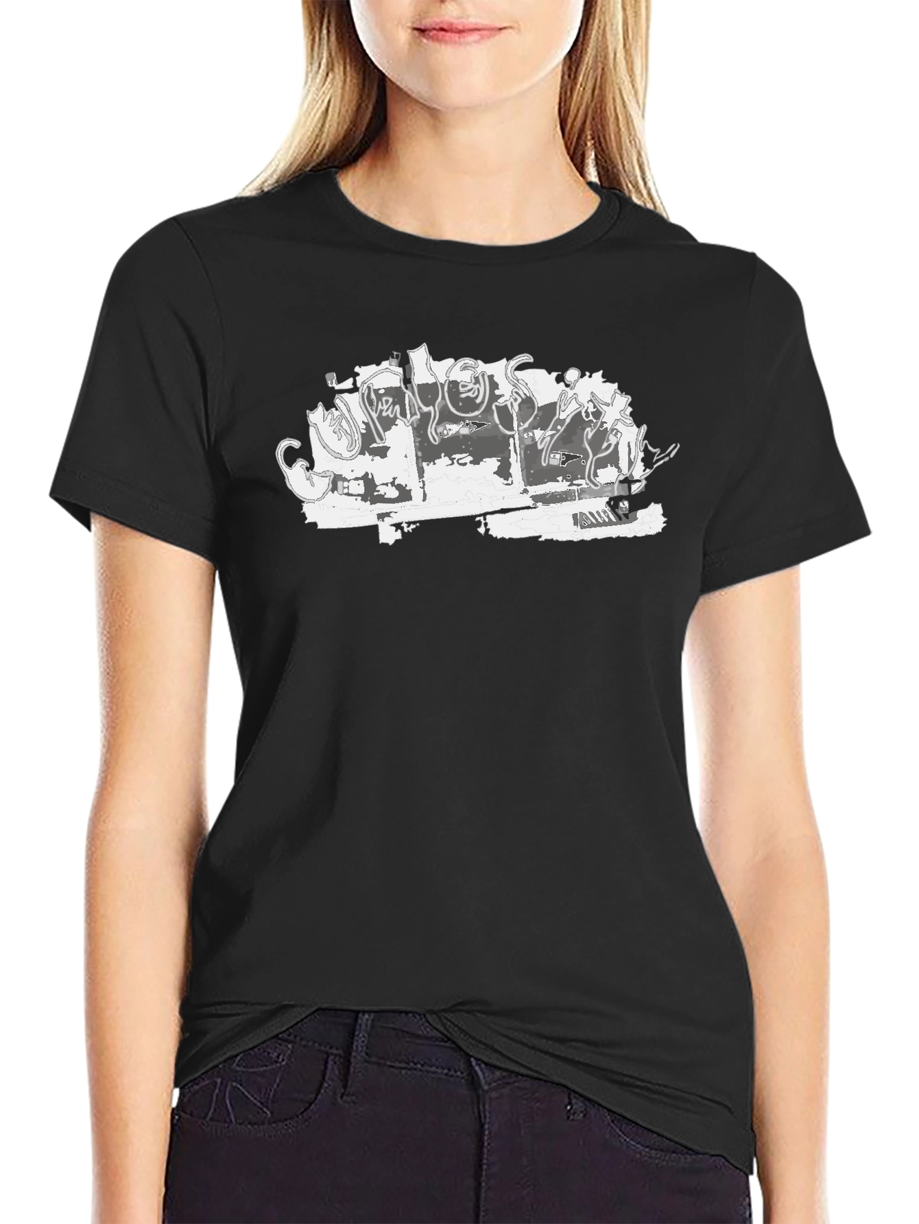 Abstract Cat Sketch Black Tee