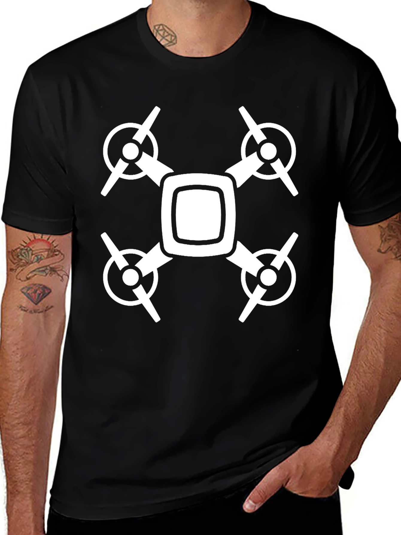 Drone Graphic T-Shirt - Black Crew Neck Tee